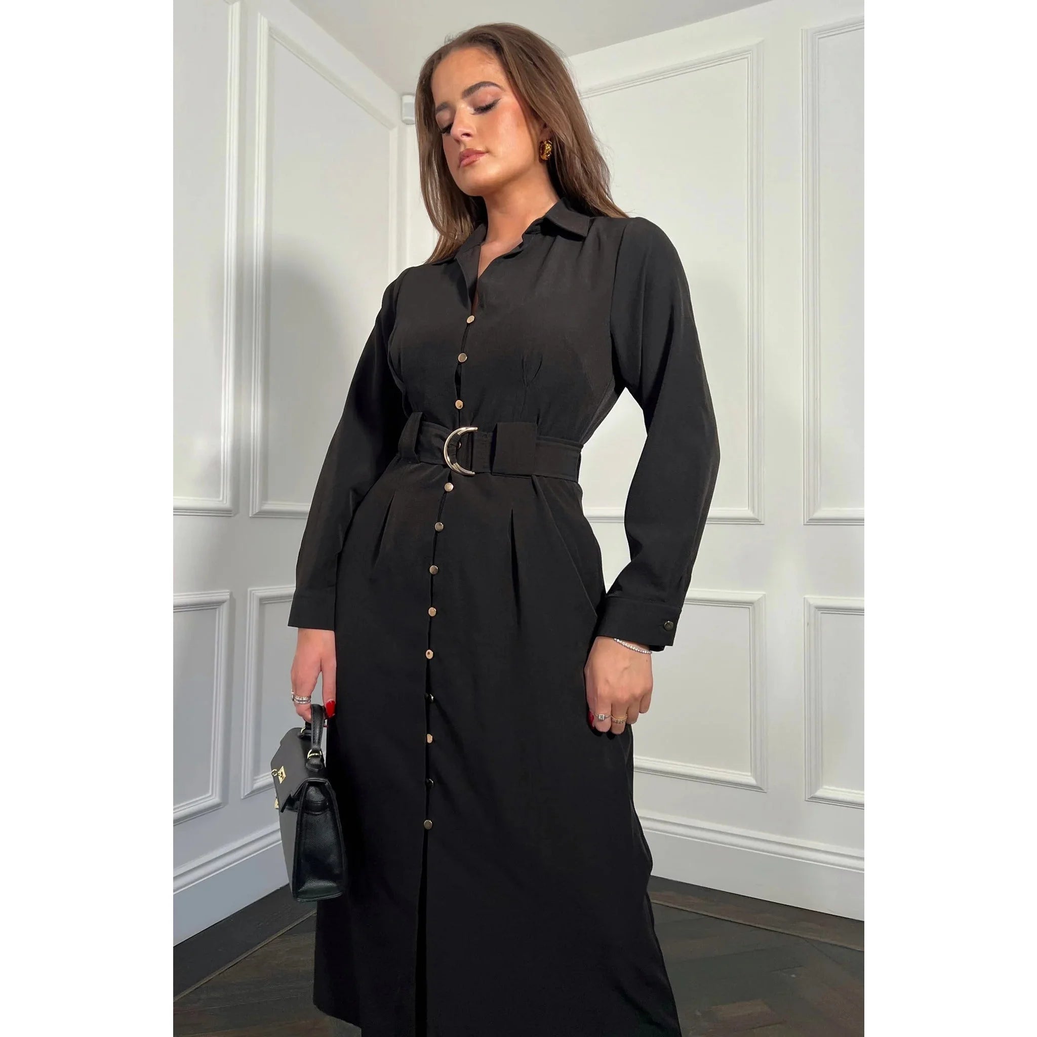 Black Buckle Detail Long Sleeve Midi Shirt Dress Pretty Kitty Fashion