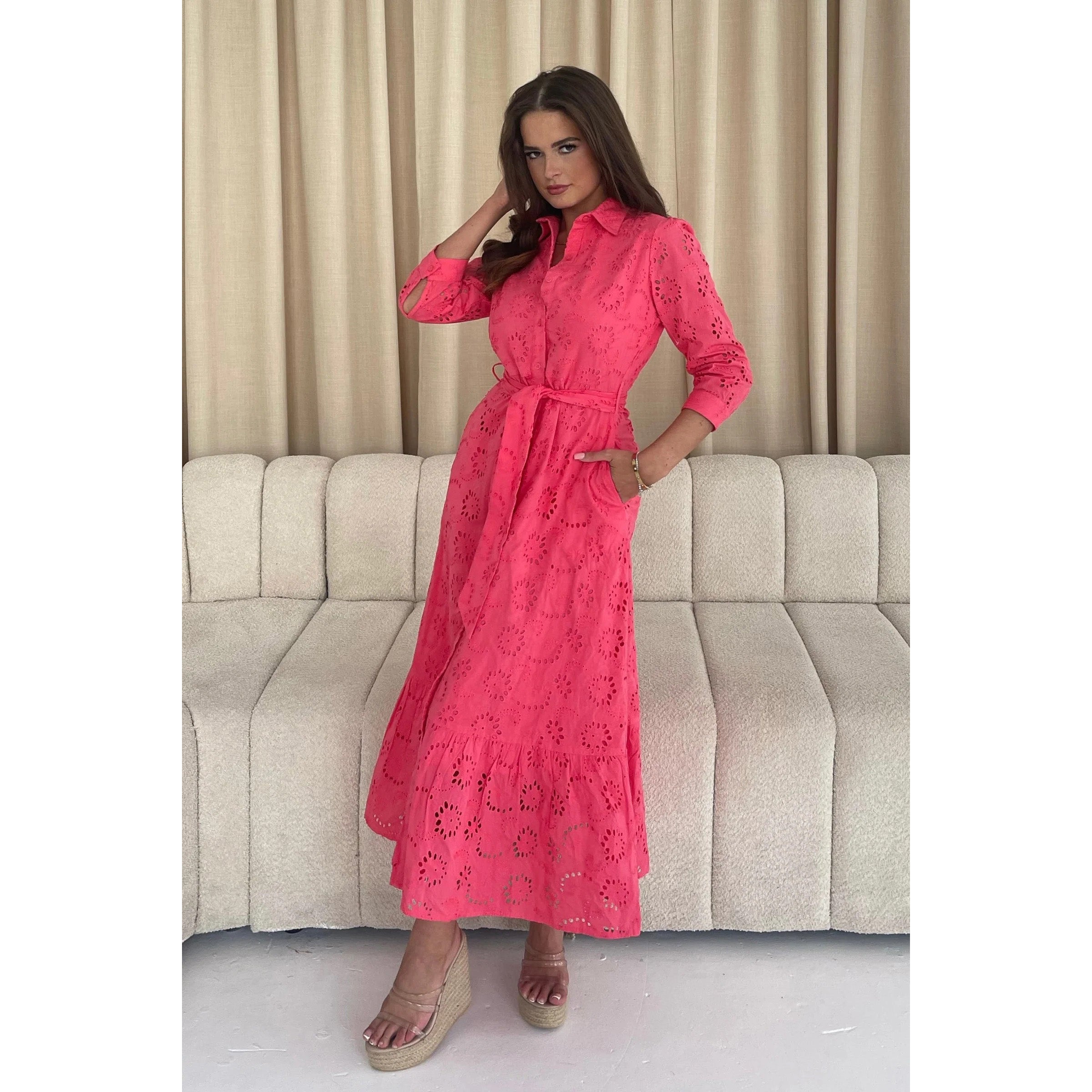 Coral Pink Broderie Anglaise Long Shirt Dress with Pockets Pretty Kitty Fashion