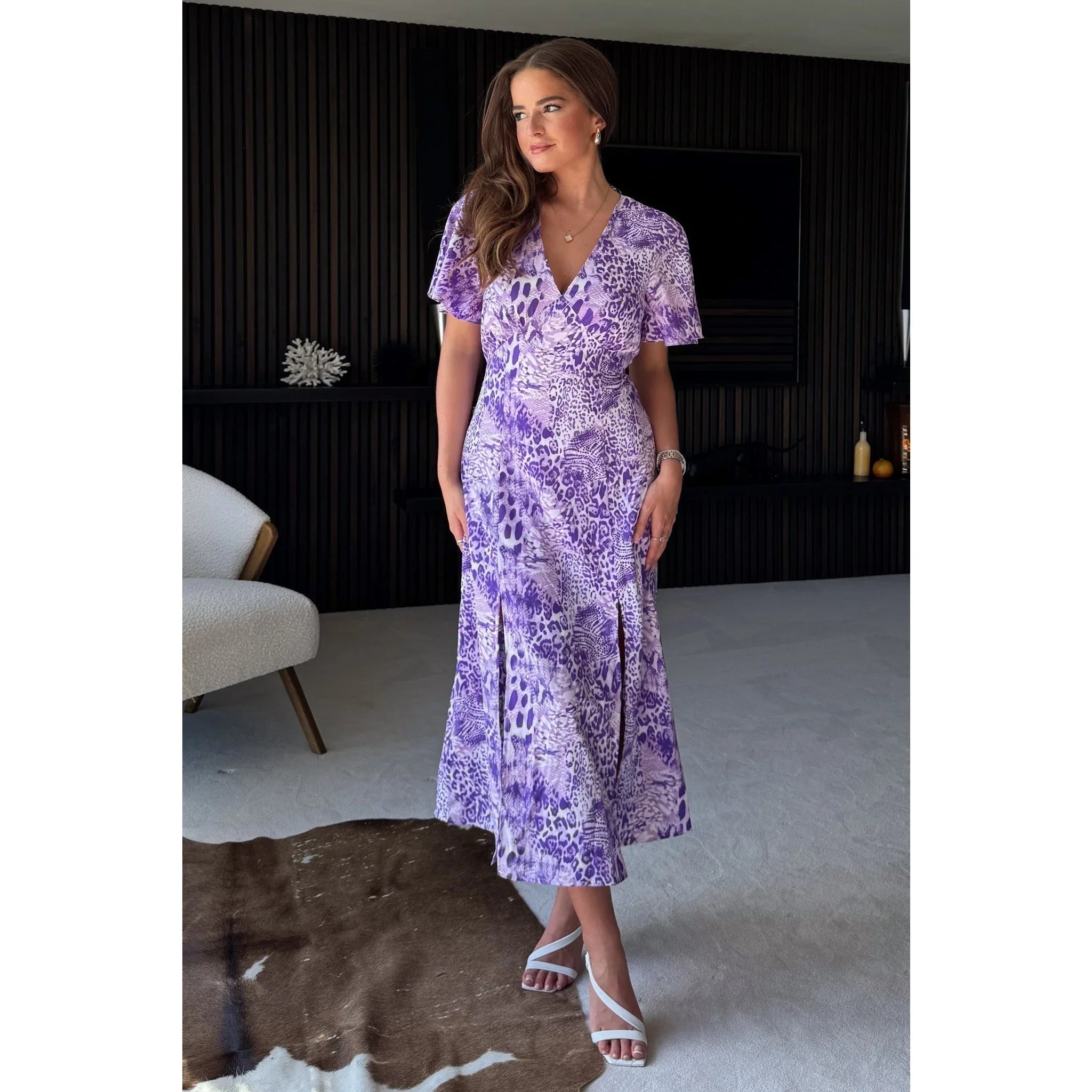 Light Purple Animal Print Midi Dress - V Neck, Angel Sleeves, Front-Side Slits