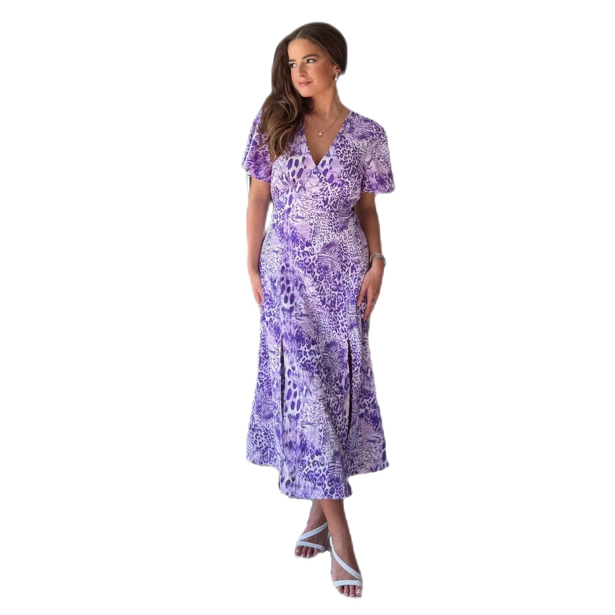 Light Purple Animal Print Midi Dress - V Neck, Angel Sleeves, Front-Side Slits