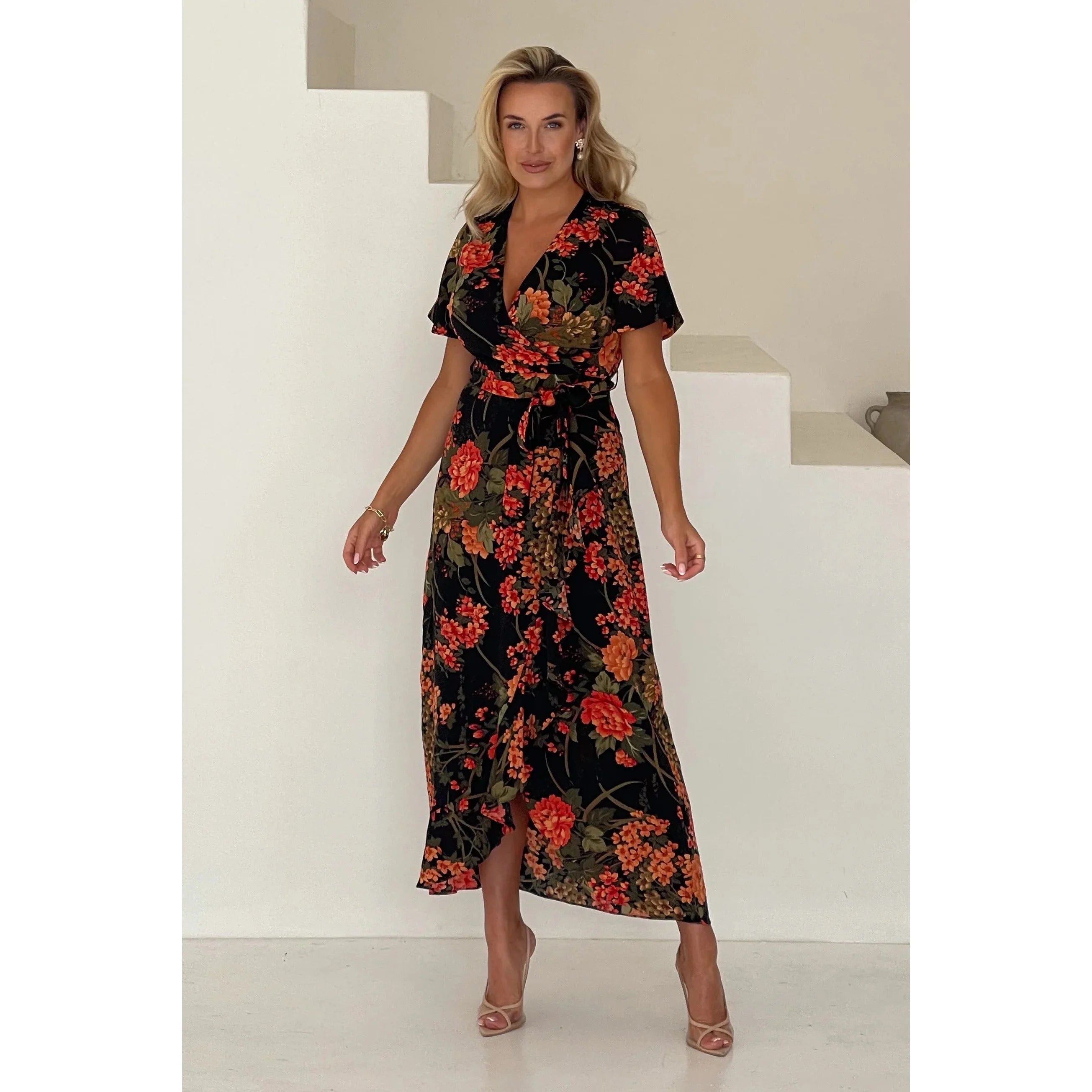 Multicoloured Autumn Brown Floral Tea Dress With Angel Sleeves & Split Frill Hem