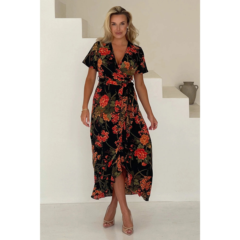 Multicoloured Autumn Brown Floral Tea Dress With Angel Sleeves & Split Frill Hem