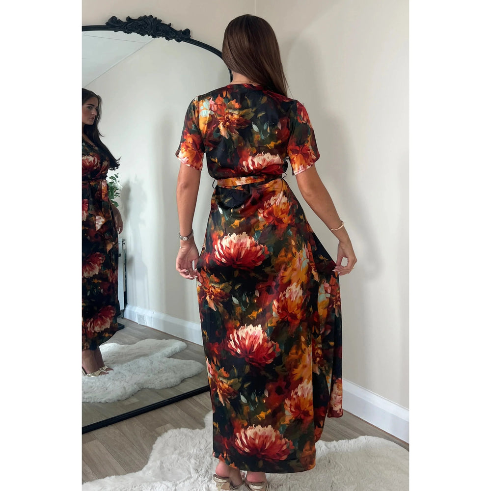 Multicoloured Long Autumn Black Orange Floral Tea Dress With Angel Sleeves & Split Frill Hem