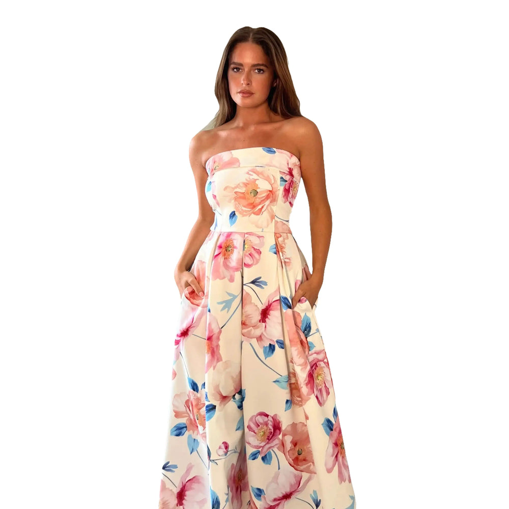 Cream, Pink and Blue Floral Strapless Bandeau Midi Dress With Pockets