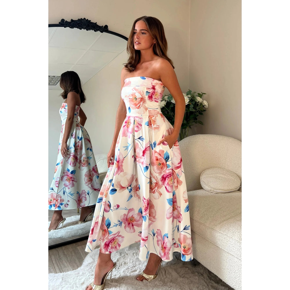 Cream, Pink and Blue Floral Strapless Bandeau Midi Dress With Pockets