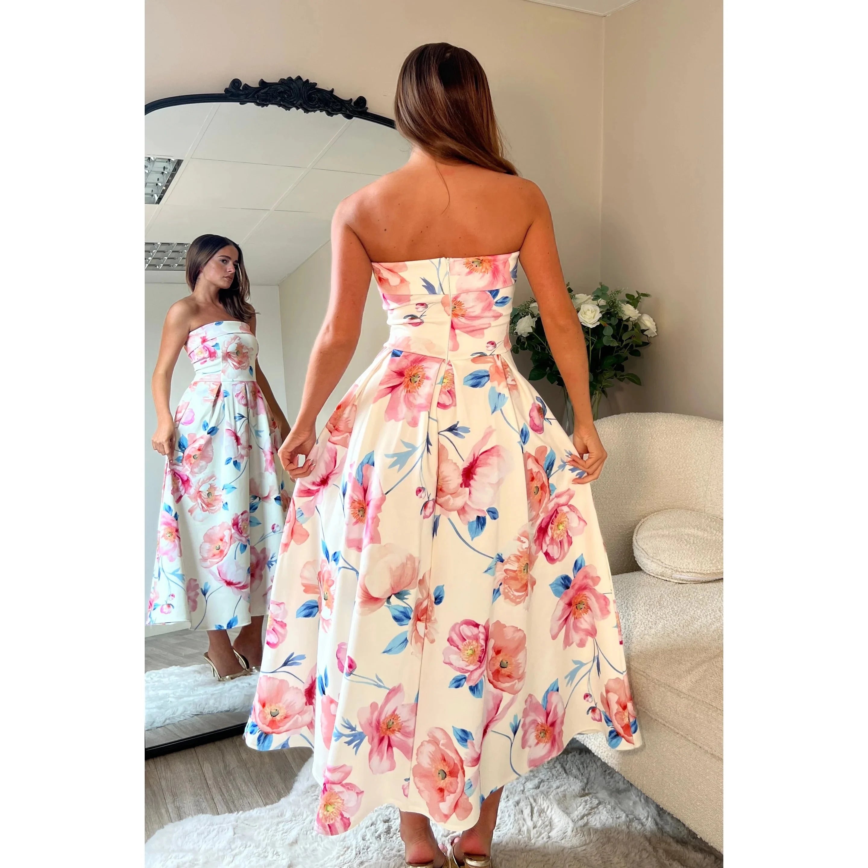 Cream, Pink and Blue Floral Strapless Bandeau Midi Dress With Pockets