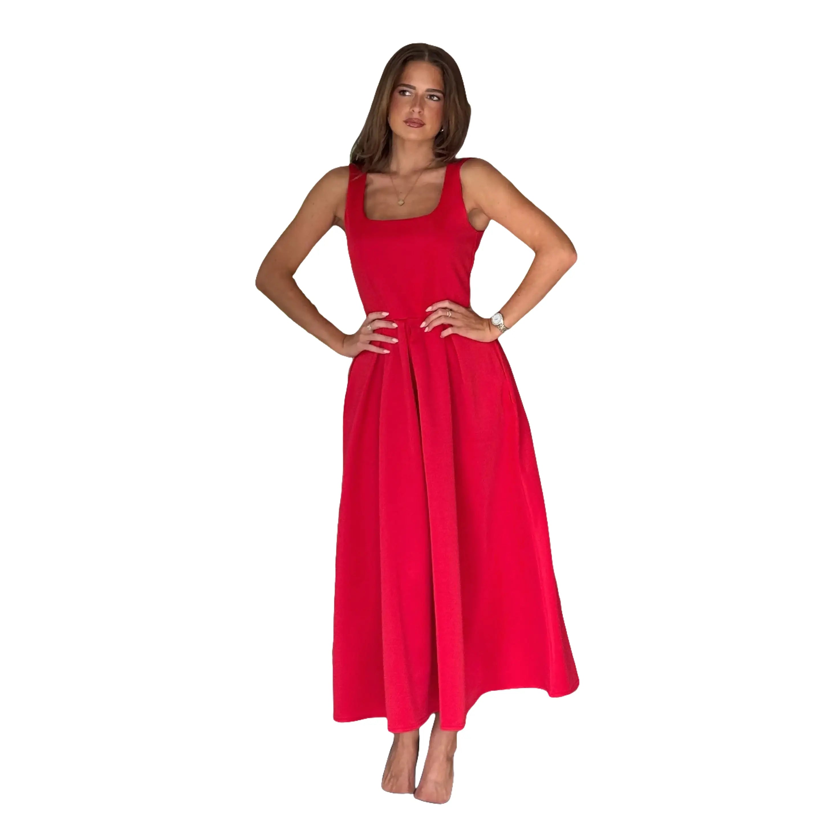 Red Square Neck Pleated Midi Dress With Pockets