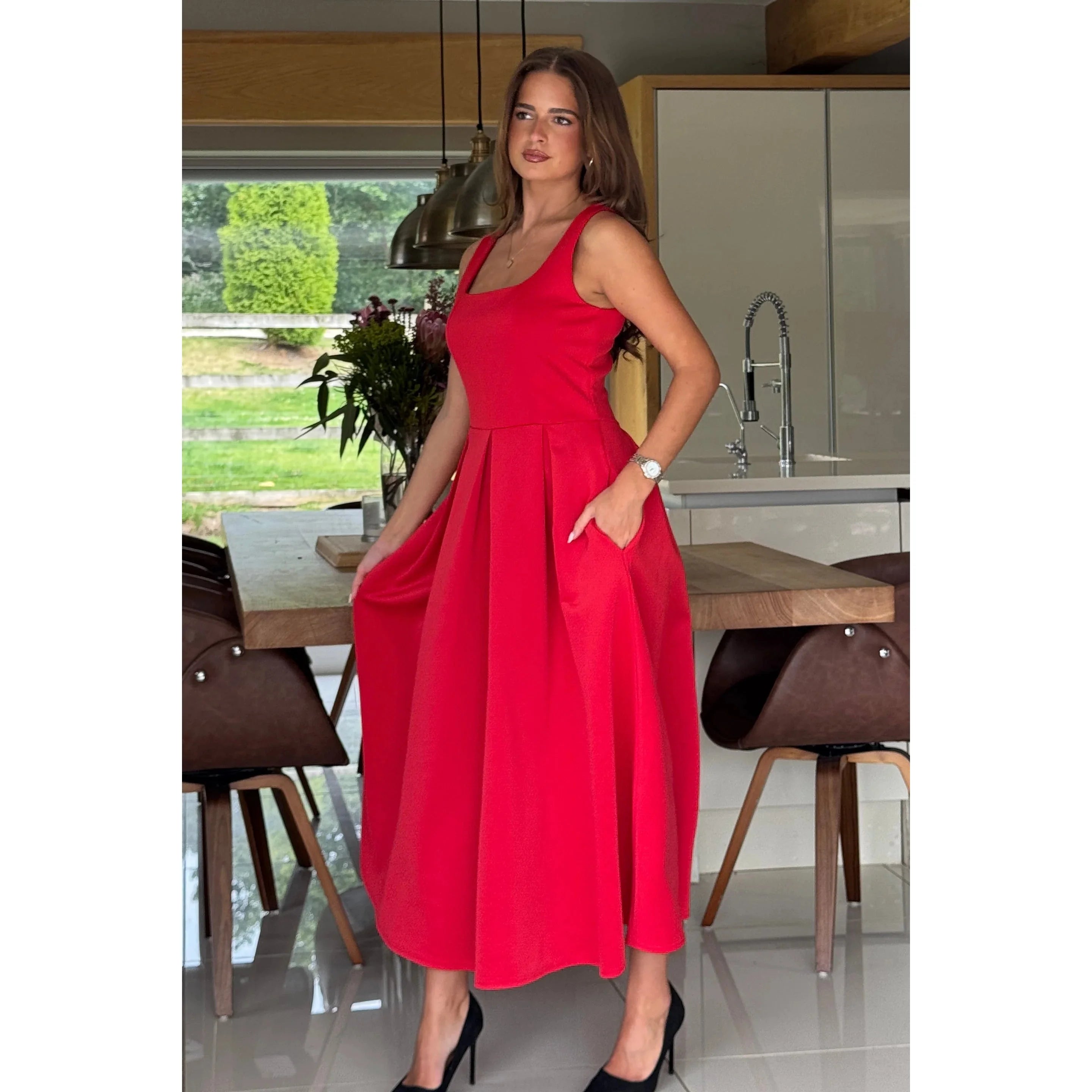Red Square Neck Pleated Midi Dress With Pockets