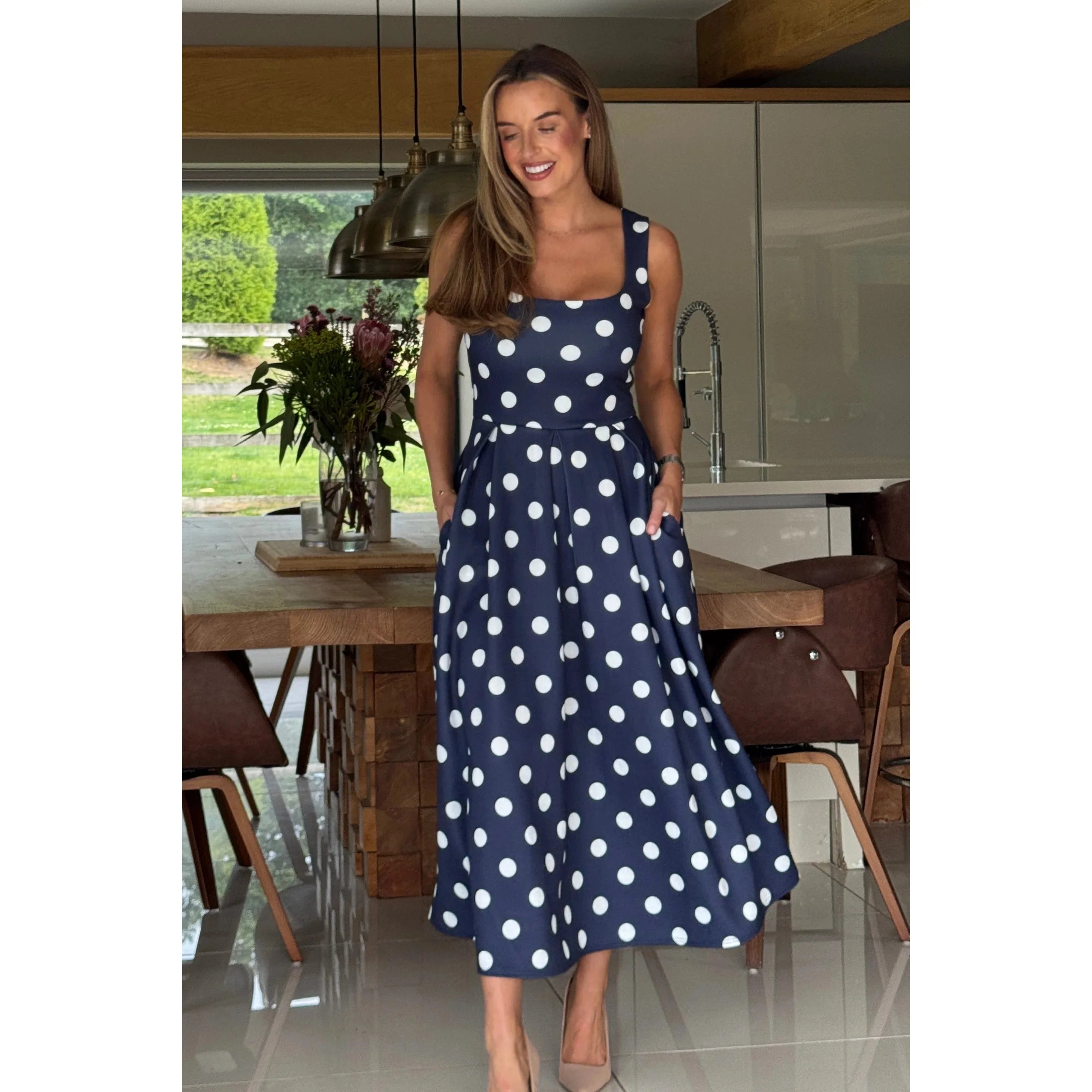 Navy Polka Dot Square Neck Pleated Midi Dress With Pockets
