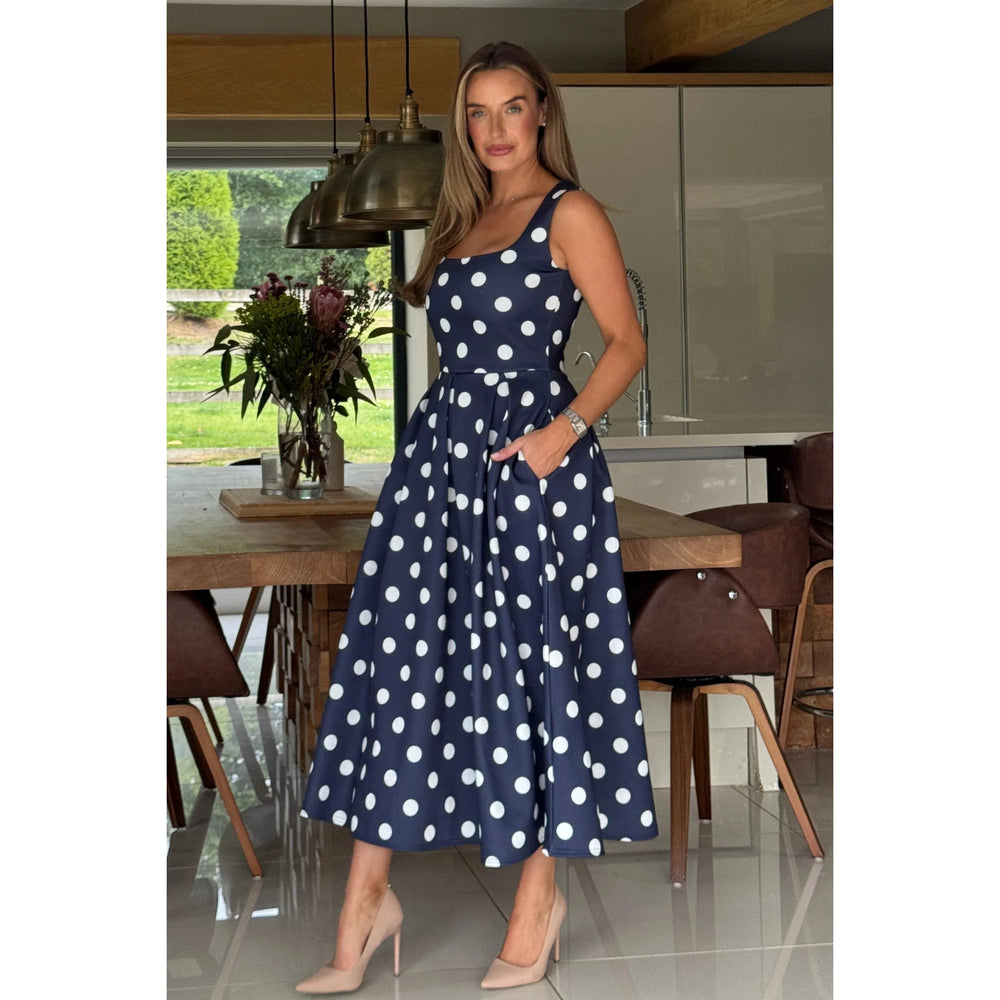 Navy Polka Dot Square Neck Pleated Midi Dress With Pockets
