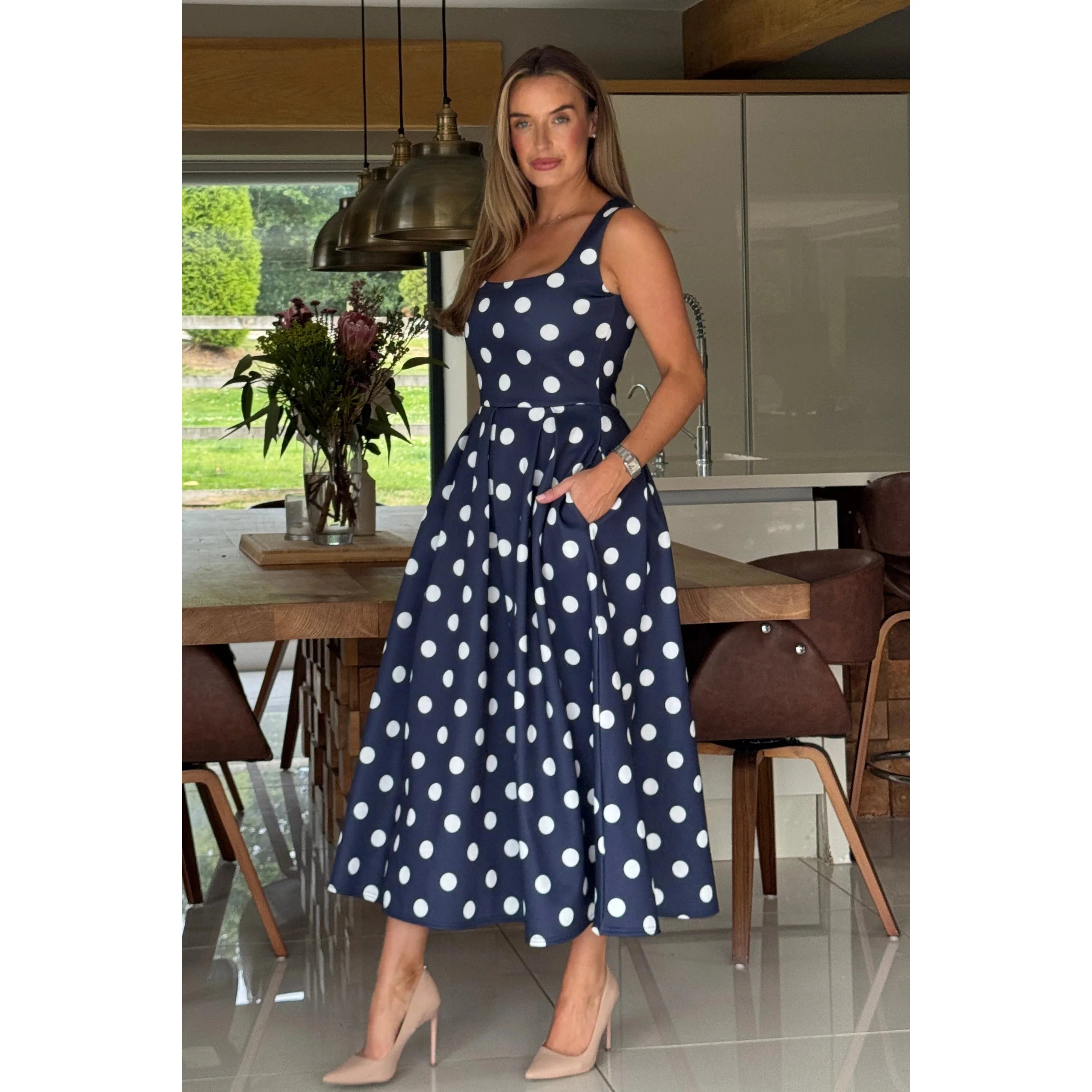 Navy Polka Dot Square Neck Pleated Midi Dress With Pockets