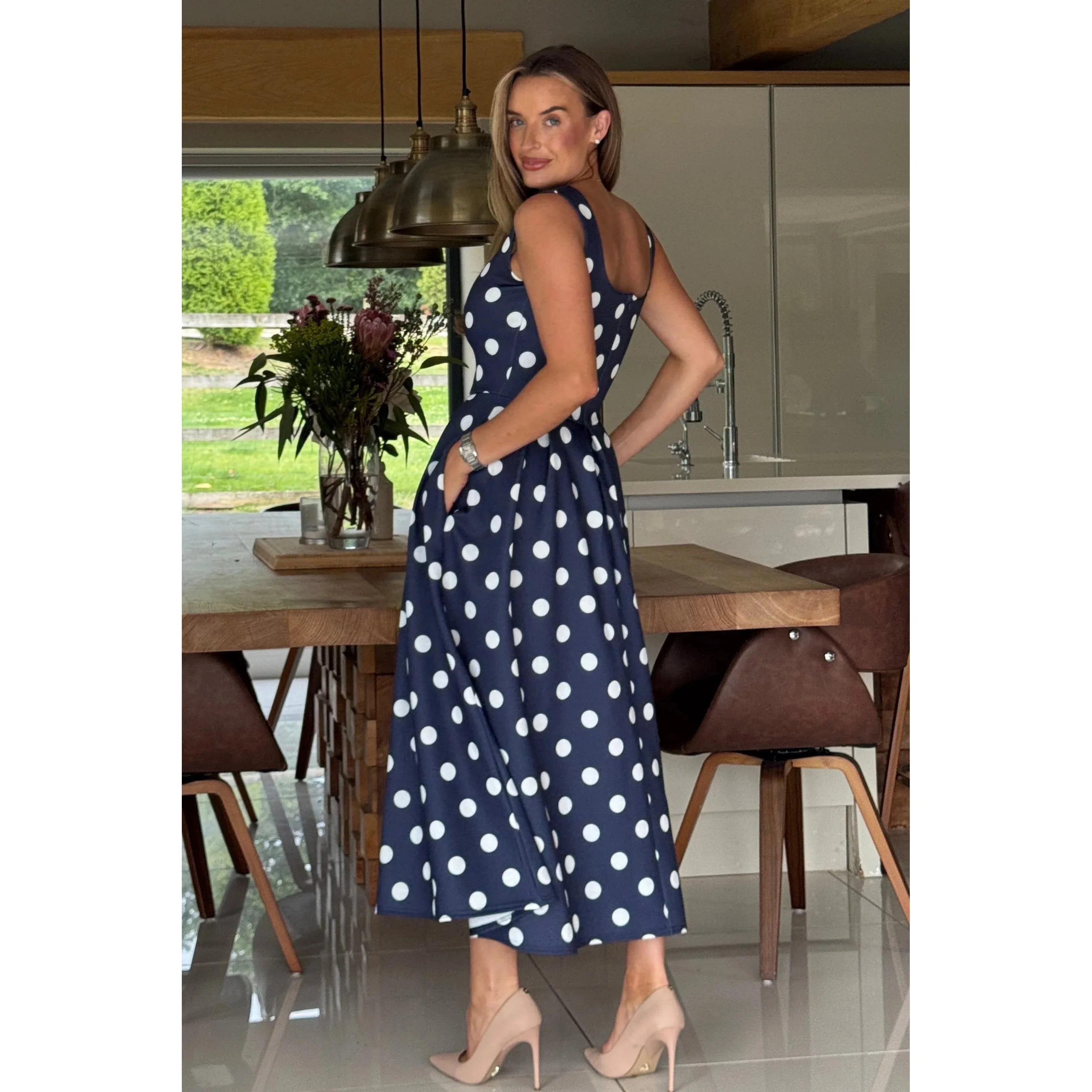 Navy Polka Dot Square Neck Pleated Midi Dress With Pockets