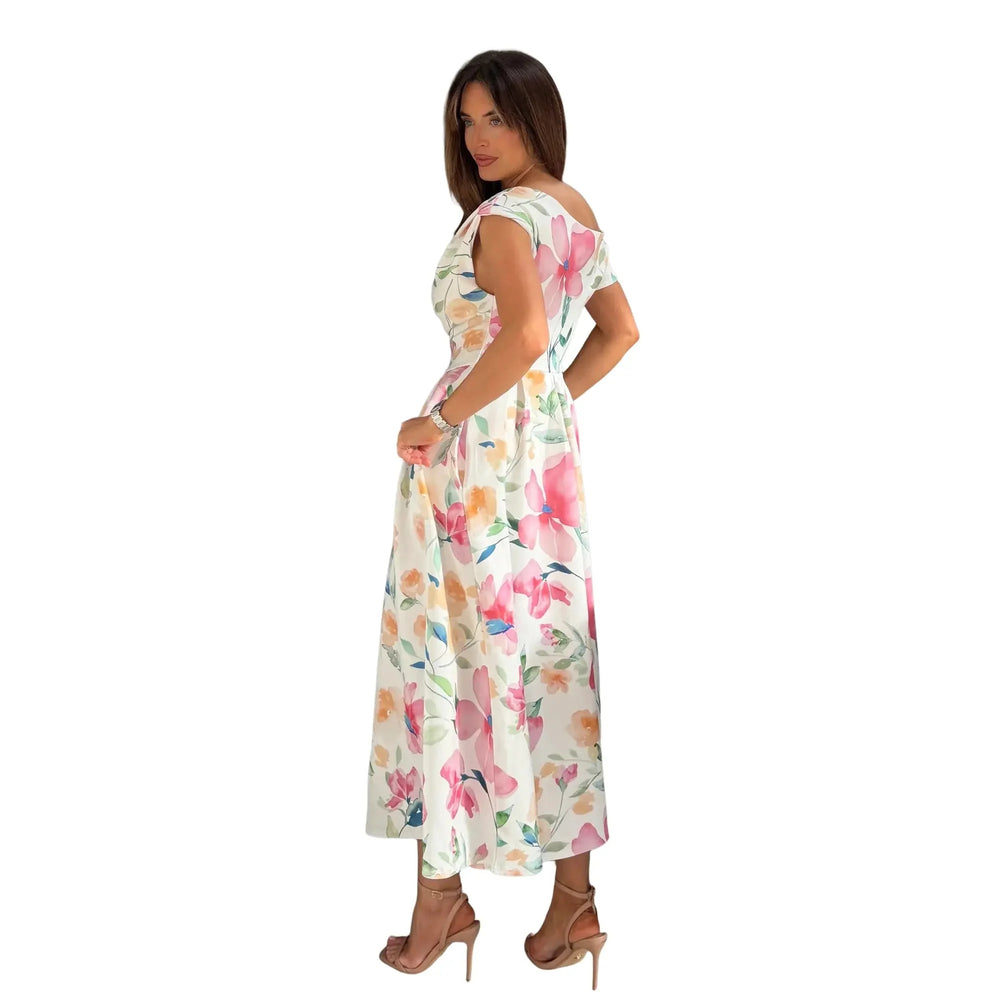 Asymmetric Off Shoulder Cream Pink Floral Midi Dress With Pockets