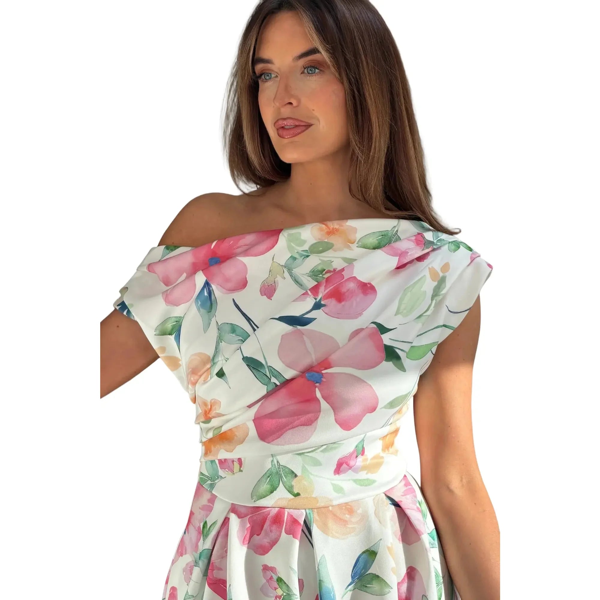Asymmetric Off Shoulder Cream Pink Floral Midi Dress With Pockets