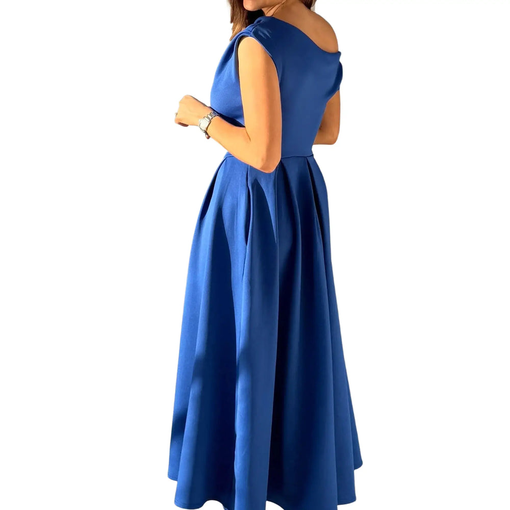 Asymmetric Off Shoulder Royal Blue Midi Dress With Pockets