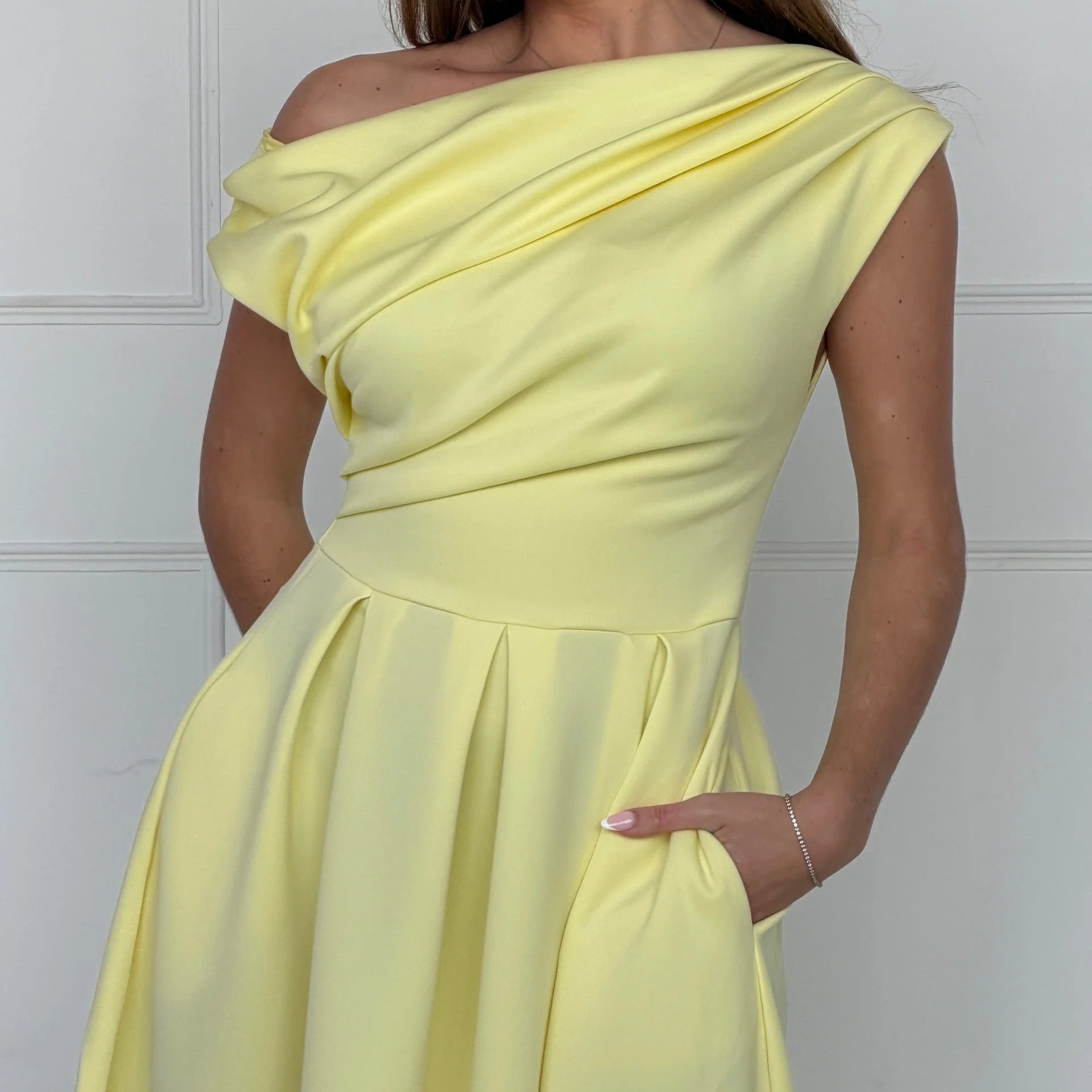 Asymmetric Off Shoulder Yellow Midi Dress With Pockets
