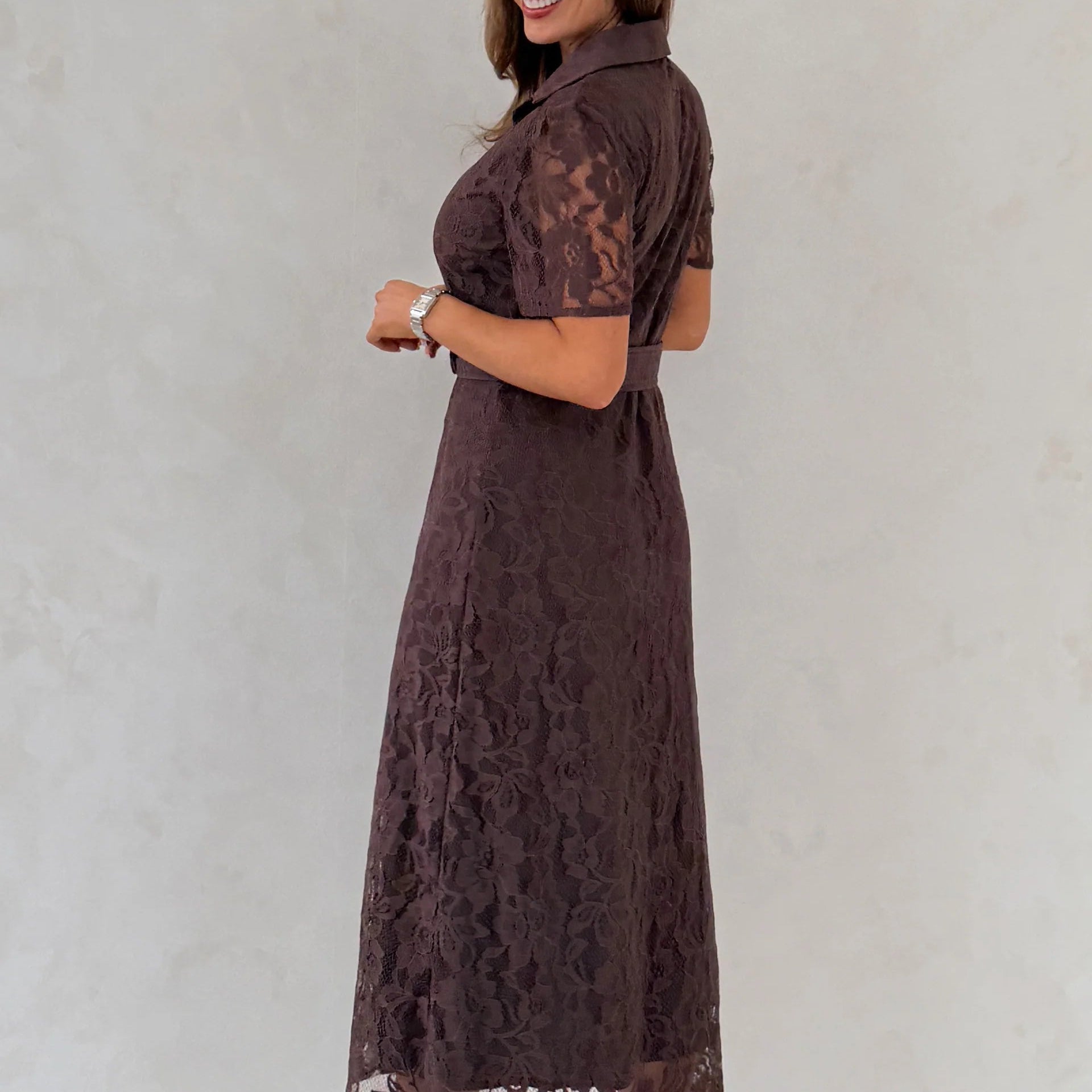 Brown Lace Short Sleeve Button Shirt Midi Dress