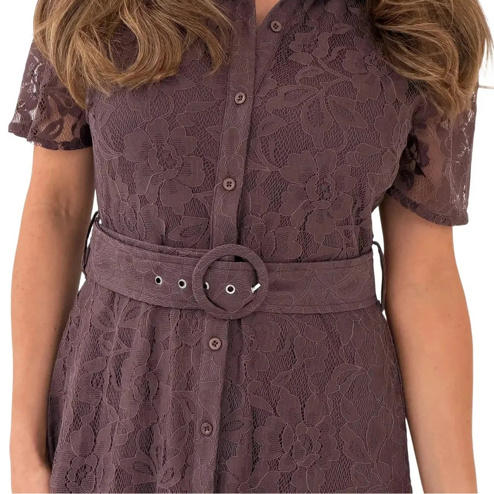 Brown Lace Short Sleeve Button Shirt Midi Dress