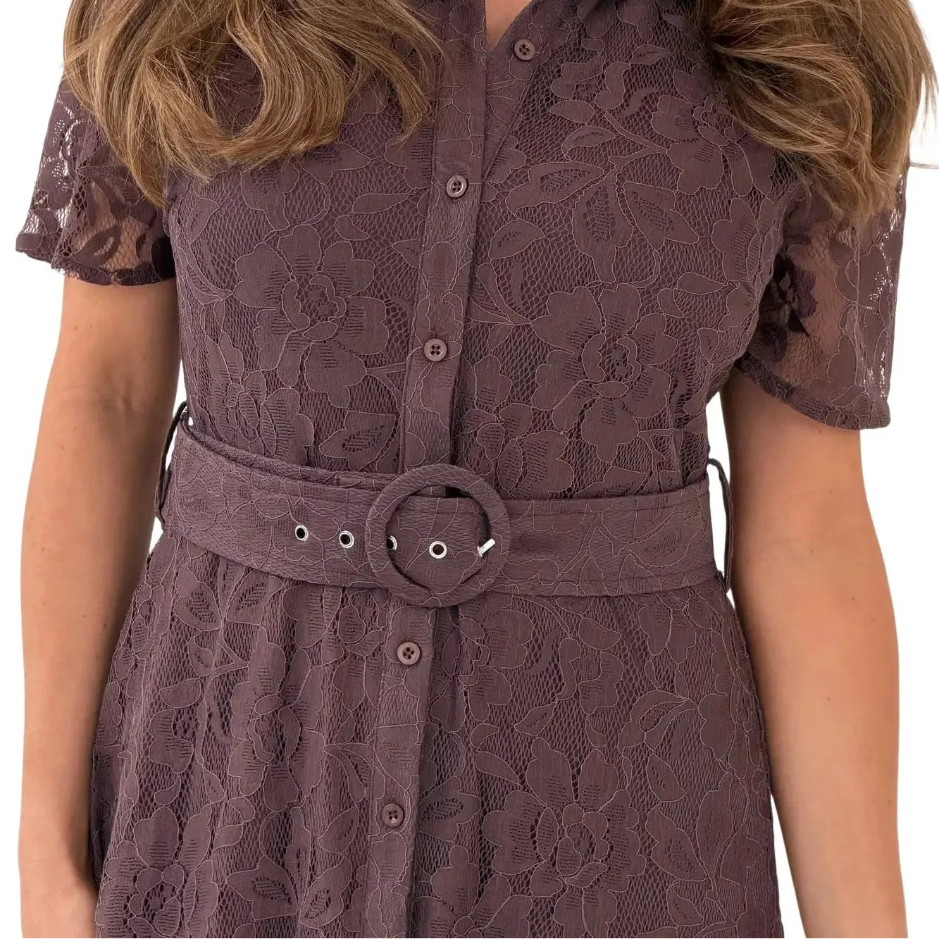 Brown Lace Short Sleeve Button Shirt Midi Dress