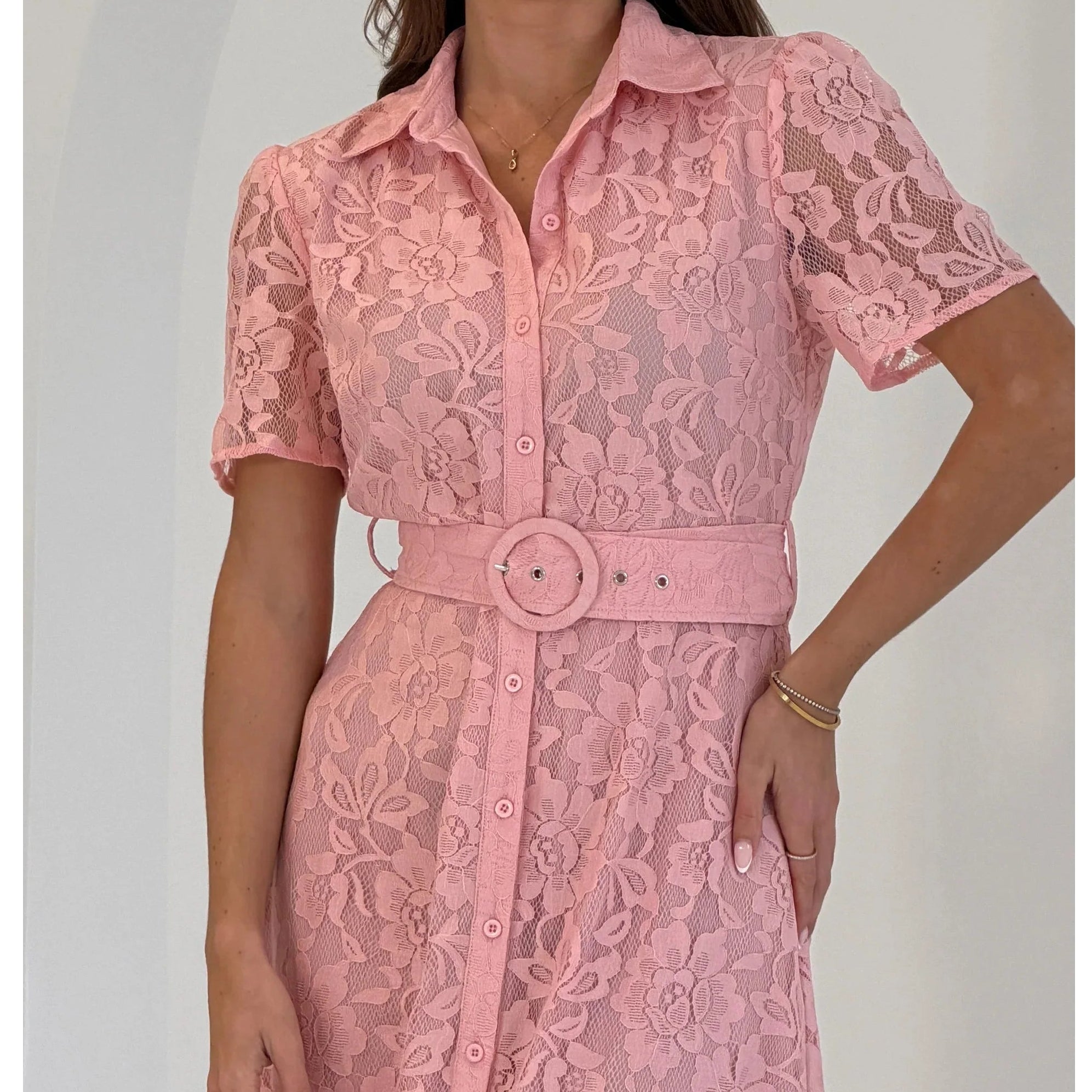 Pink Lace Short Sleeve Button Shirt Midi Tea Dress