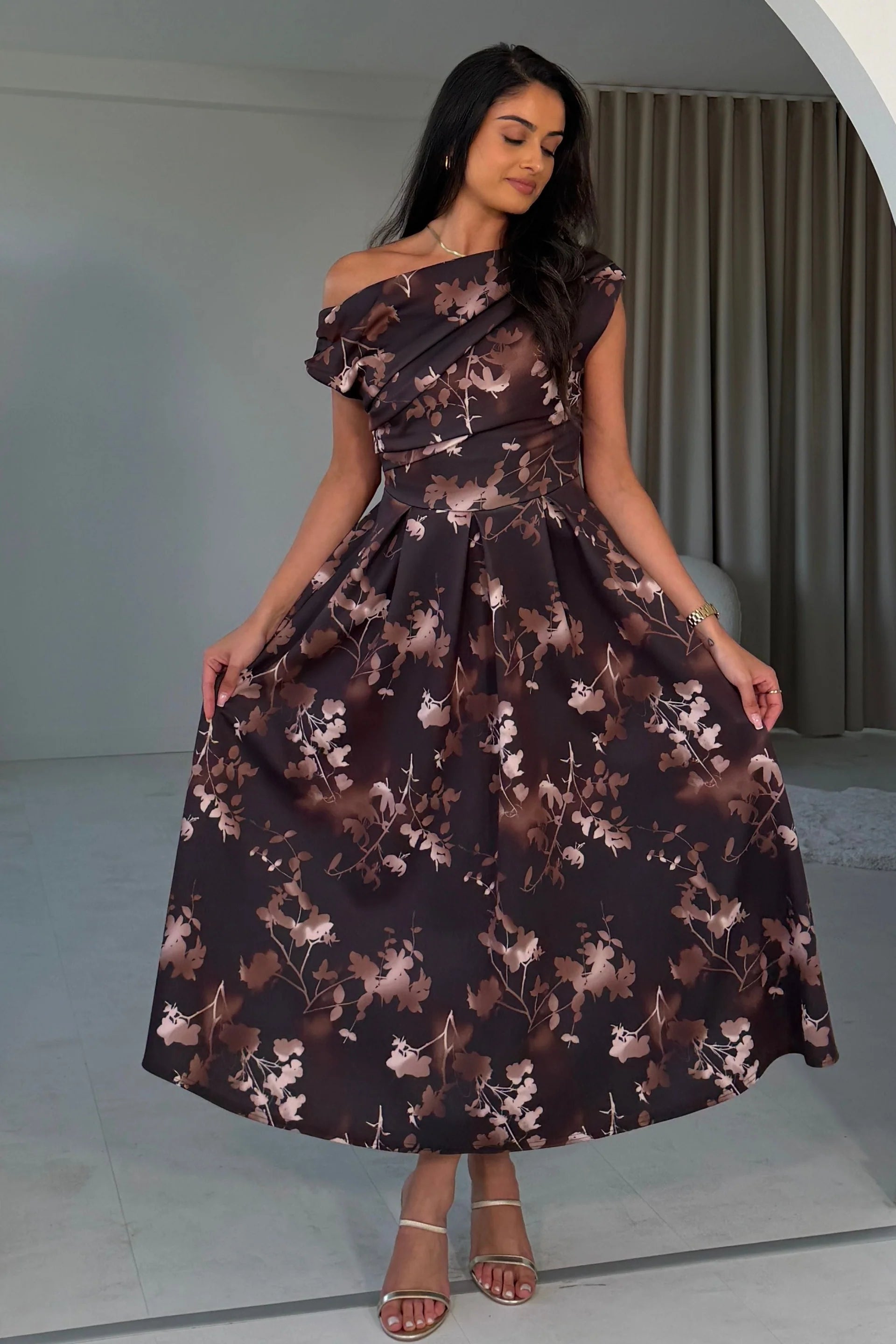 Asymmetric Off Shoulder Autumn Brown Floral Midi Dress With Pockets