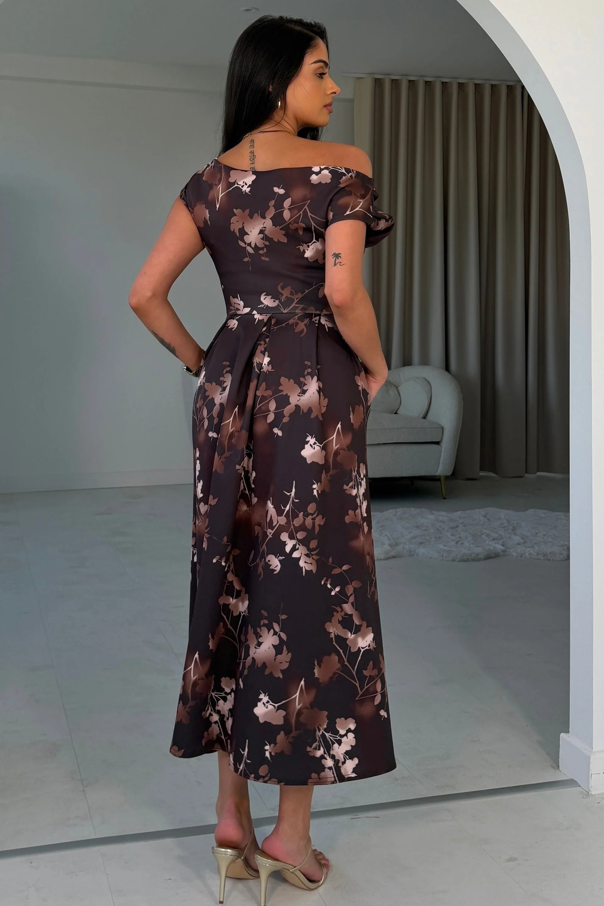 Asymmetric Off Shoulder Autumn Brown Floral Midi Dress With Pockets