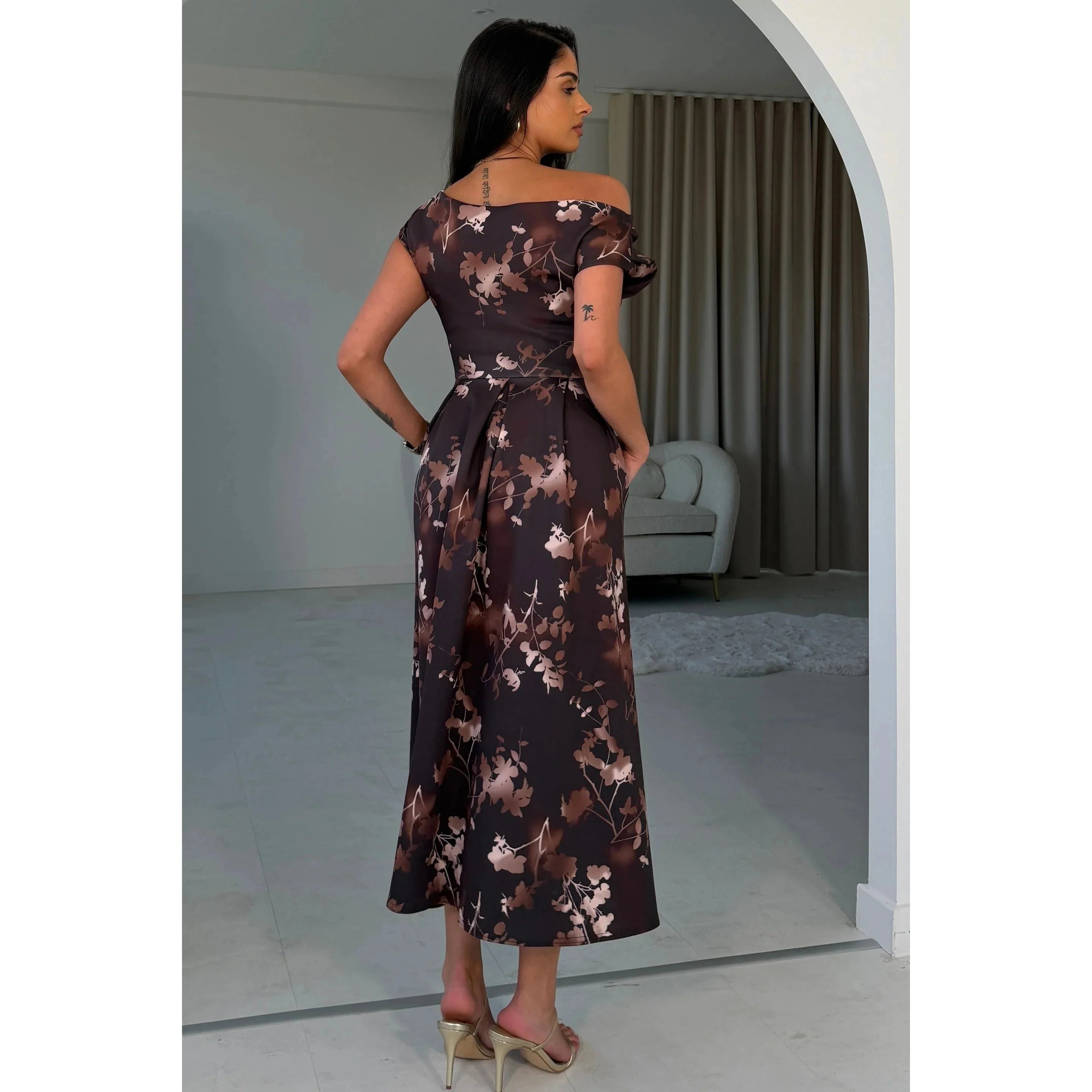 Asymmetric Off Shoulder Autumn Brown Floral Midi Dress With Pockets