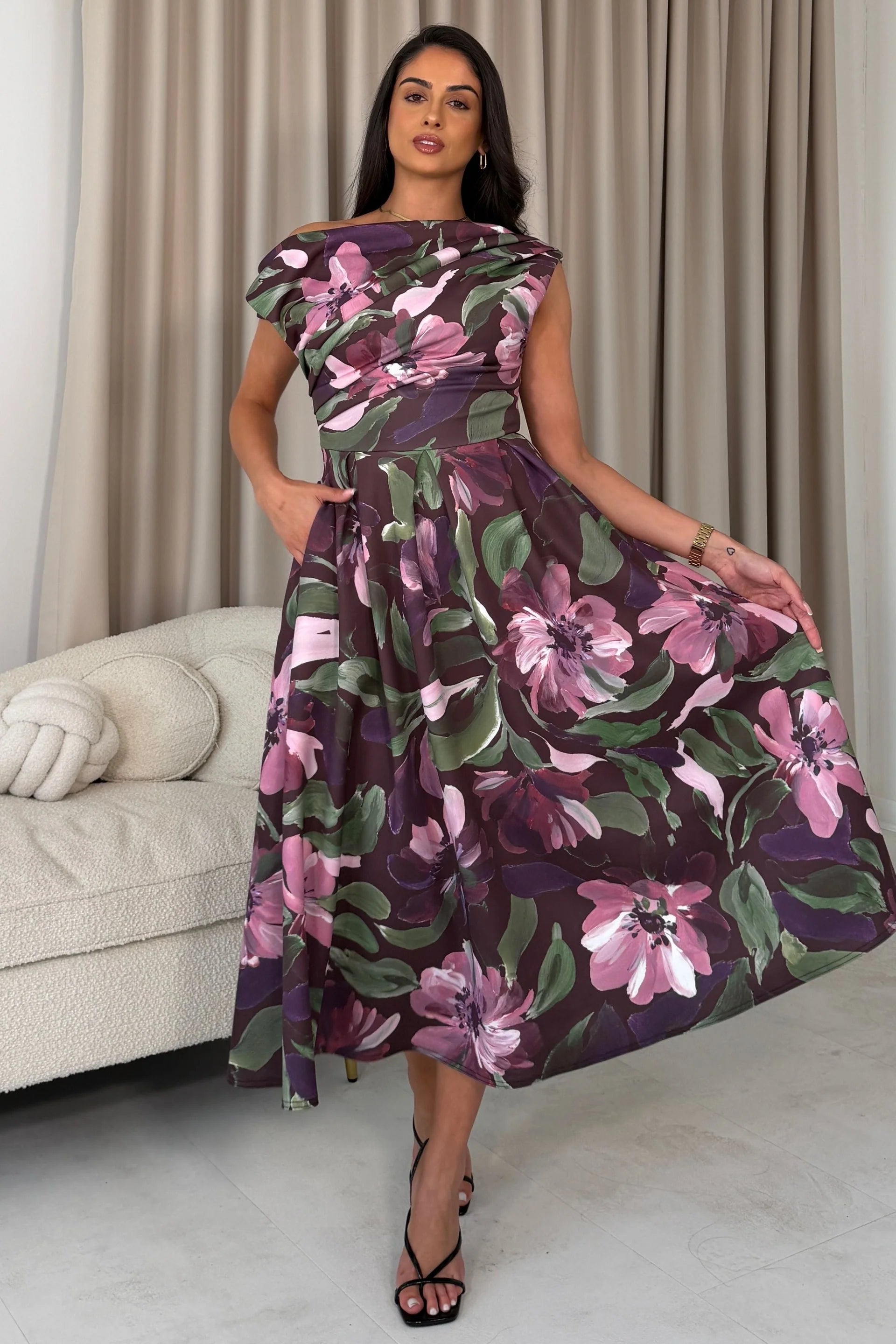 Berry Pink Floral Off Shoulder Midi Dress With Pockets