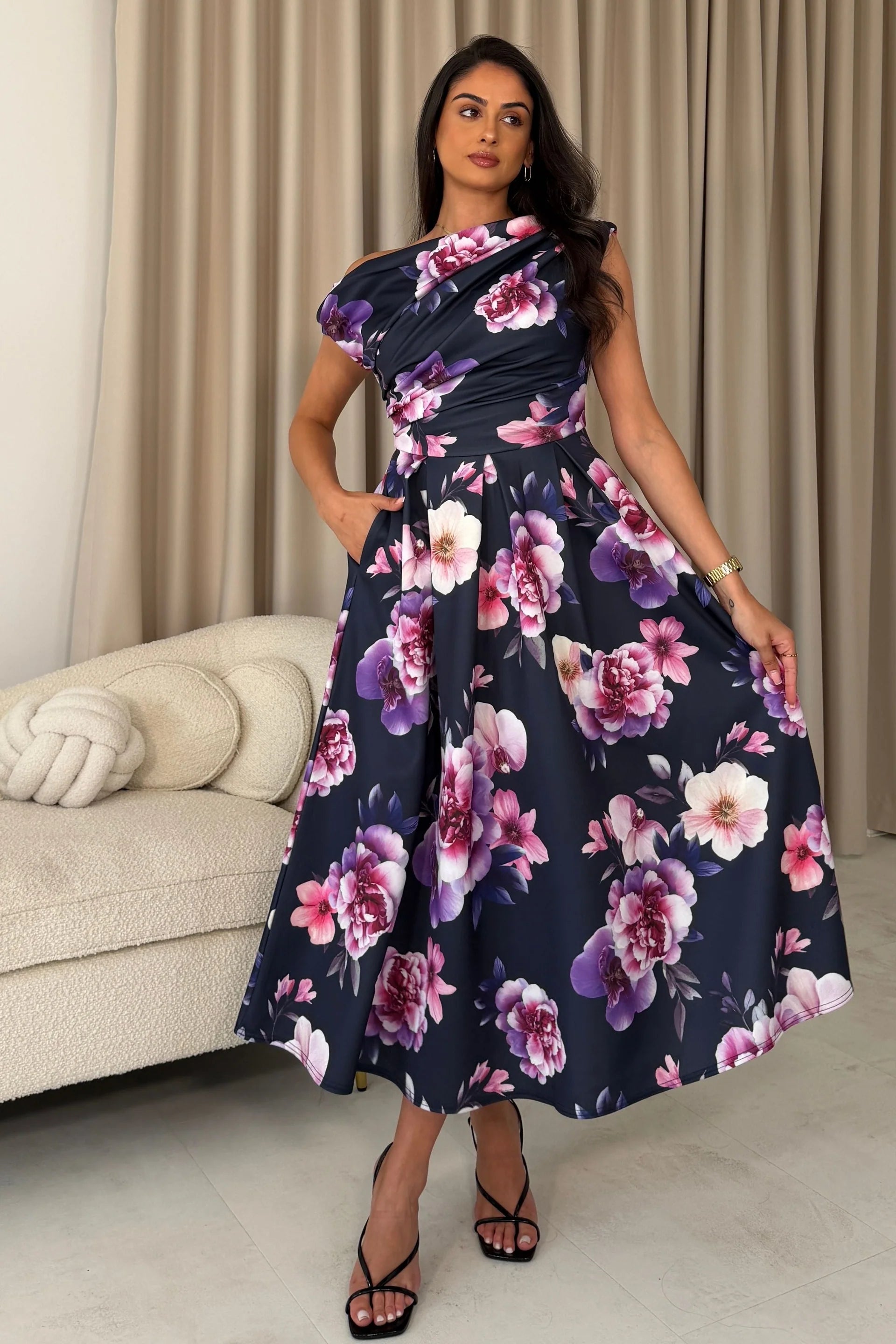 Navy Pink Floral Off Shoulder Midi Dress With Pockets