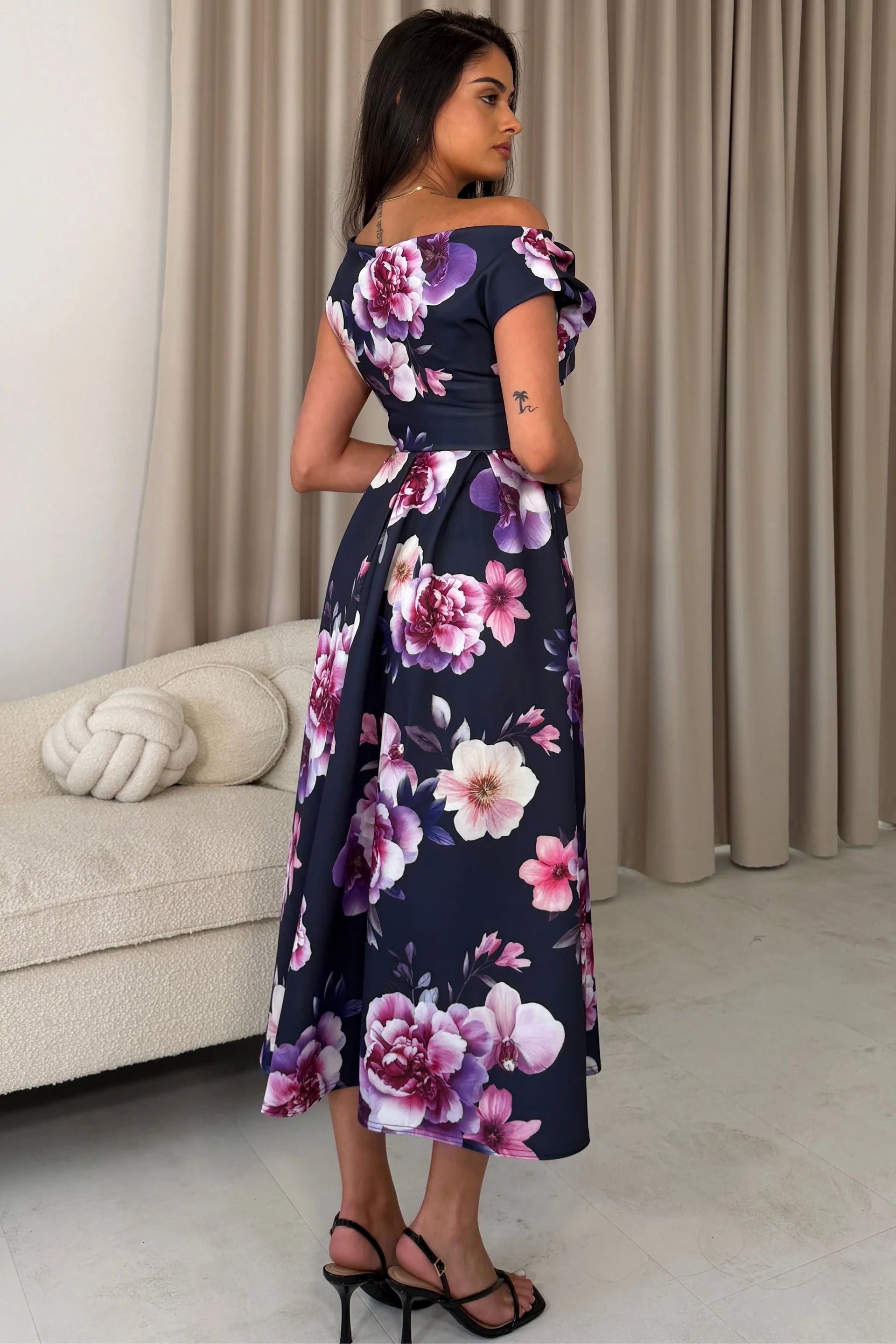 Navy Pink Floral Off Shoulder Midi Dress With Pockets