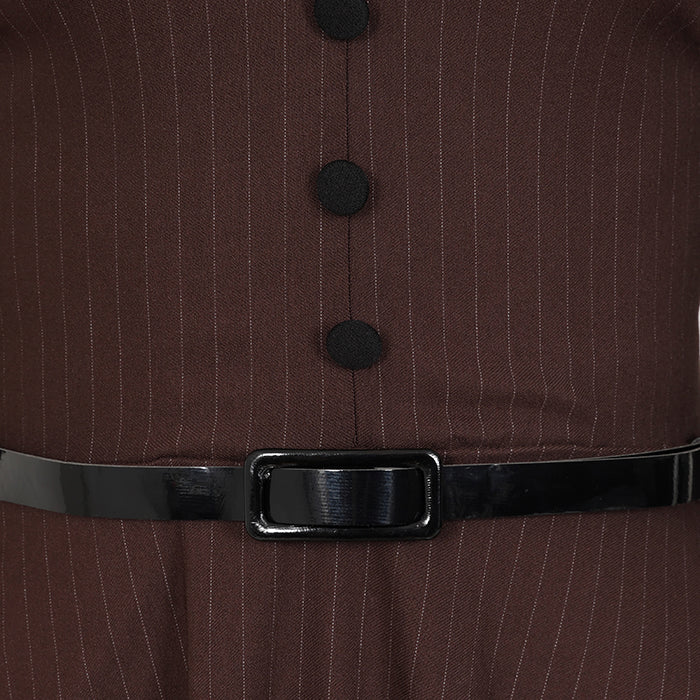 Chocolate Brown Pinstripe Office Work Belted Swing Dress