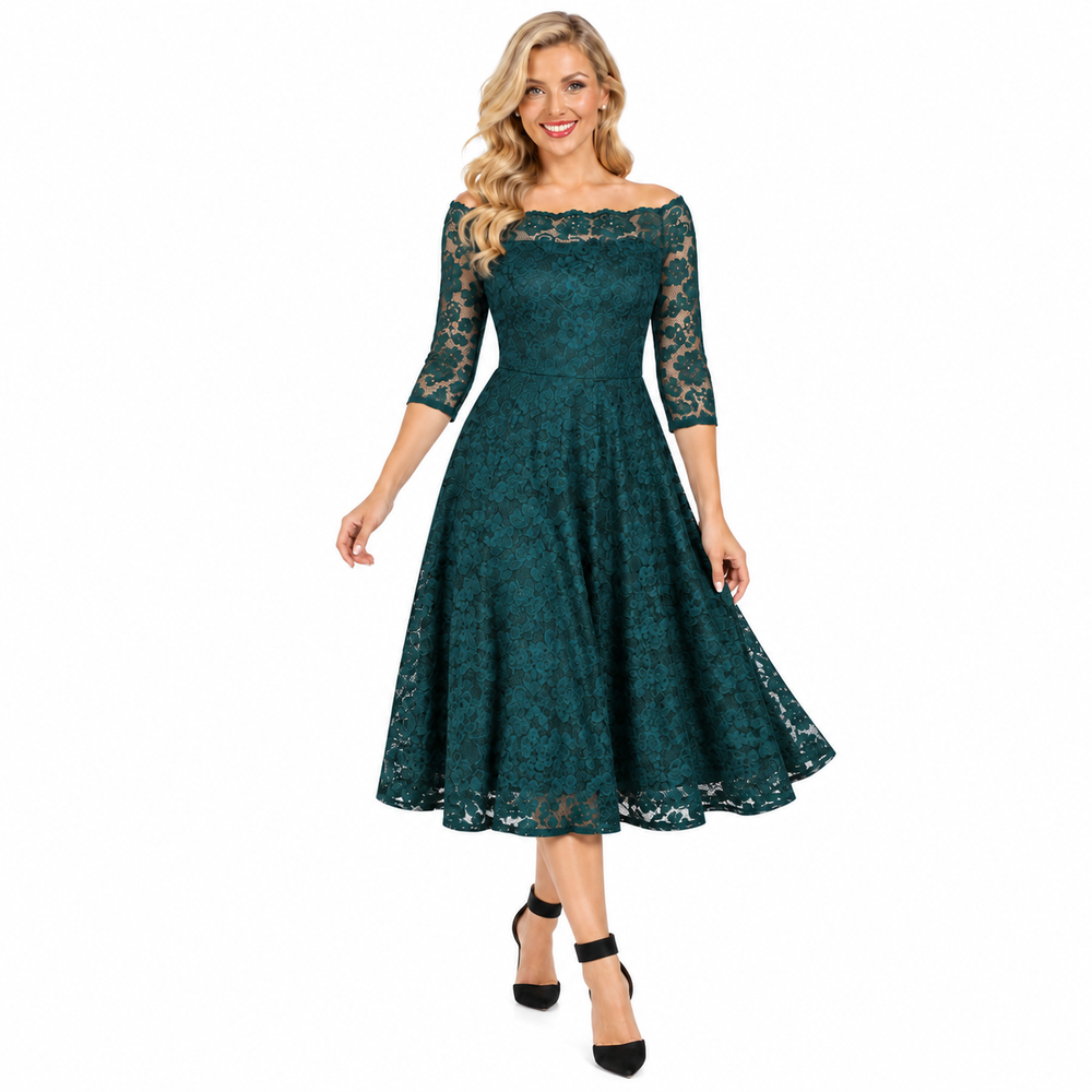 Forest Green Lace Vintage Style Swing Dress With 3/4 Sleeves & Boat Neck