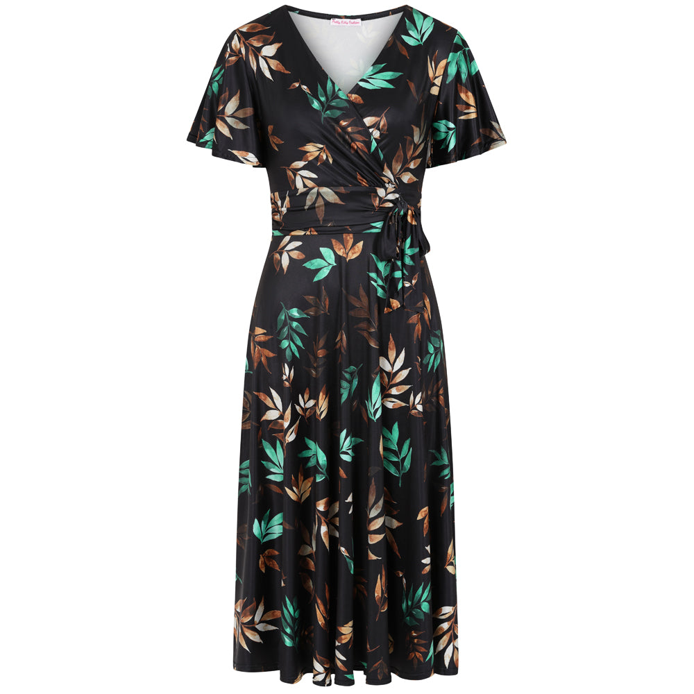 Black Brown Turquoise Autumnal Leaf Print Cap Sleeve V Neck Wrap Top Swing Dress