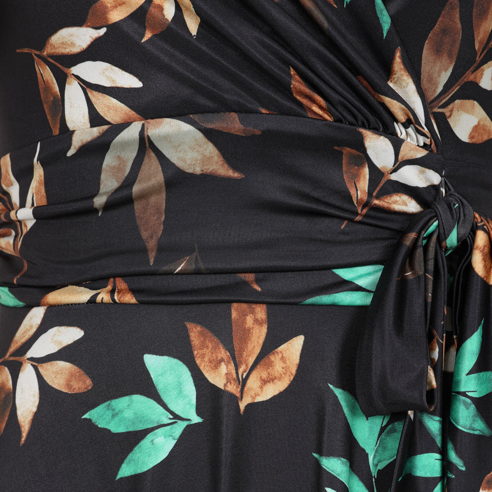 Black Brown Turquoise Autumnal Leaf Print Cap Sleeve V Neck Wrap Top Swing Dress