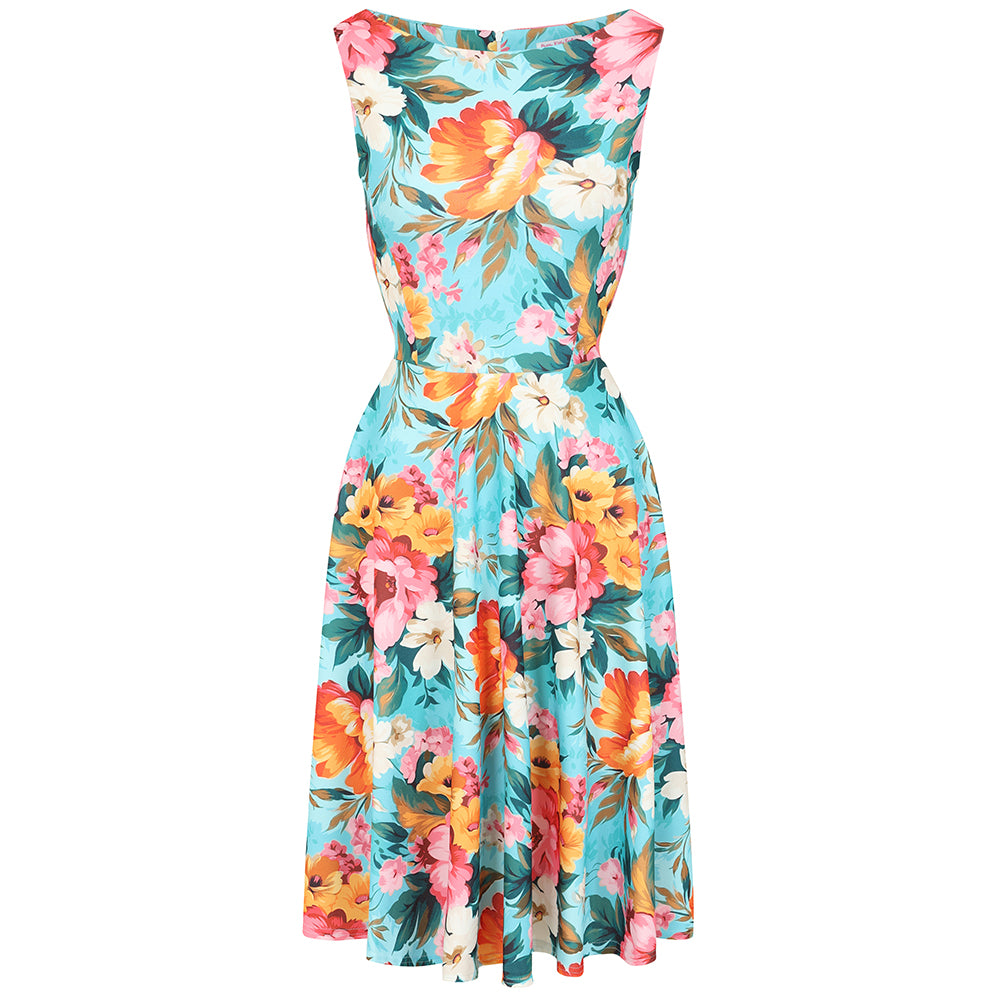 Aqua Blue Floral Audrey Hepburn Style Sleeveless 50s Swing Dress With Boat Neckline