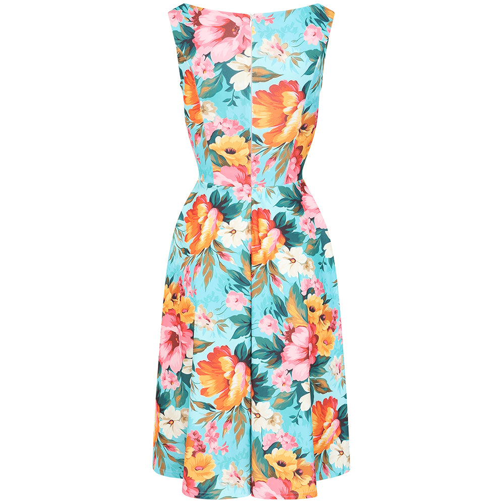 Aqua Blue Floral Audrey Hepburn Style Sleeveless 50s Swing Dress With Boat Neckline