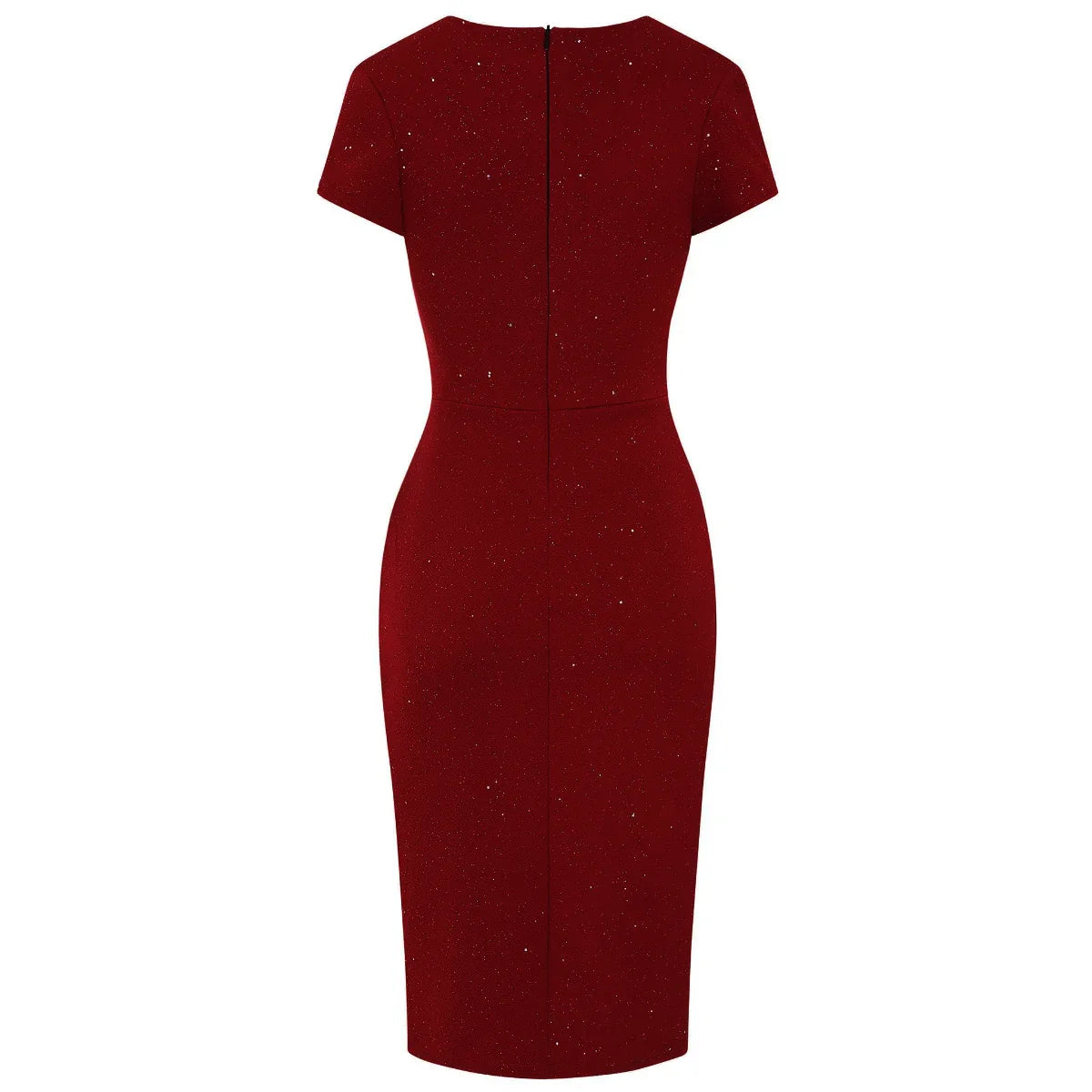 Wine Burgundy Diamante Embossed Sparkle Deep V Cap Sleeve Bodycon Ruched Waist Wiggle Dress