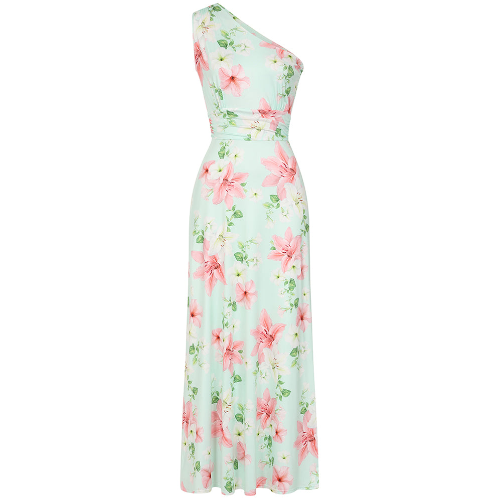 Mint Green One Shoulder Lily Floral Maxi Dress