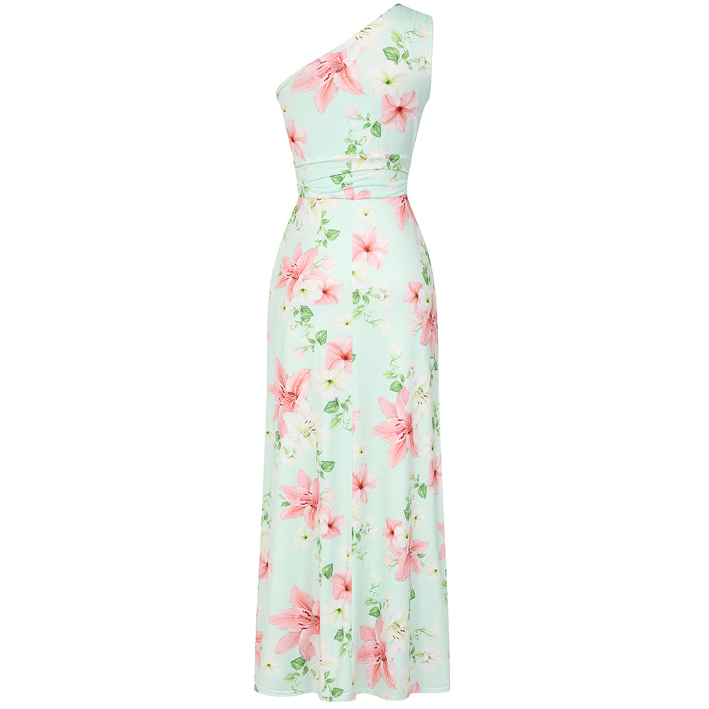 Mint Green One Shoulder Lily Floral Maxi Dress