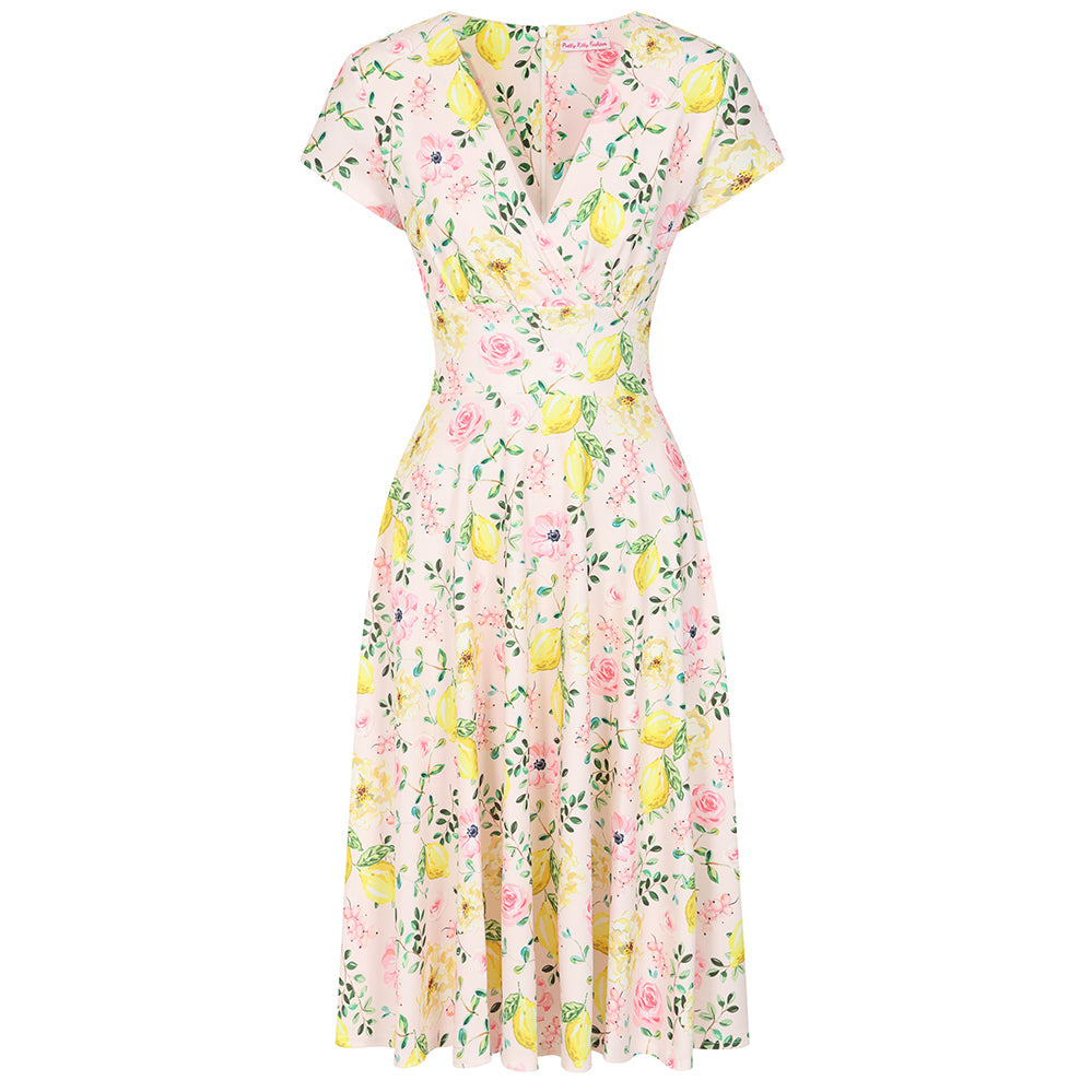 Pink Rose And Lemons Floral Wrap Top A Line Swing Tea Dress With Cap Sleeves