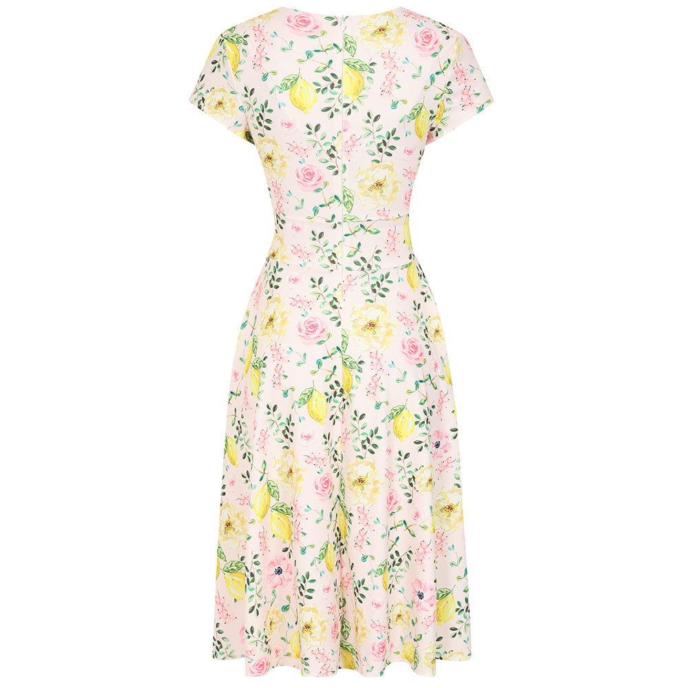 Pink Rose And Lemons Floral Wrap Top A Line Swing Tea Dress With Cap Sleeves