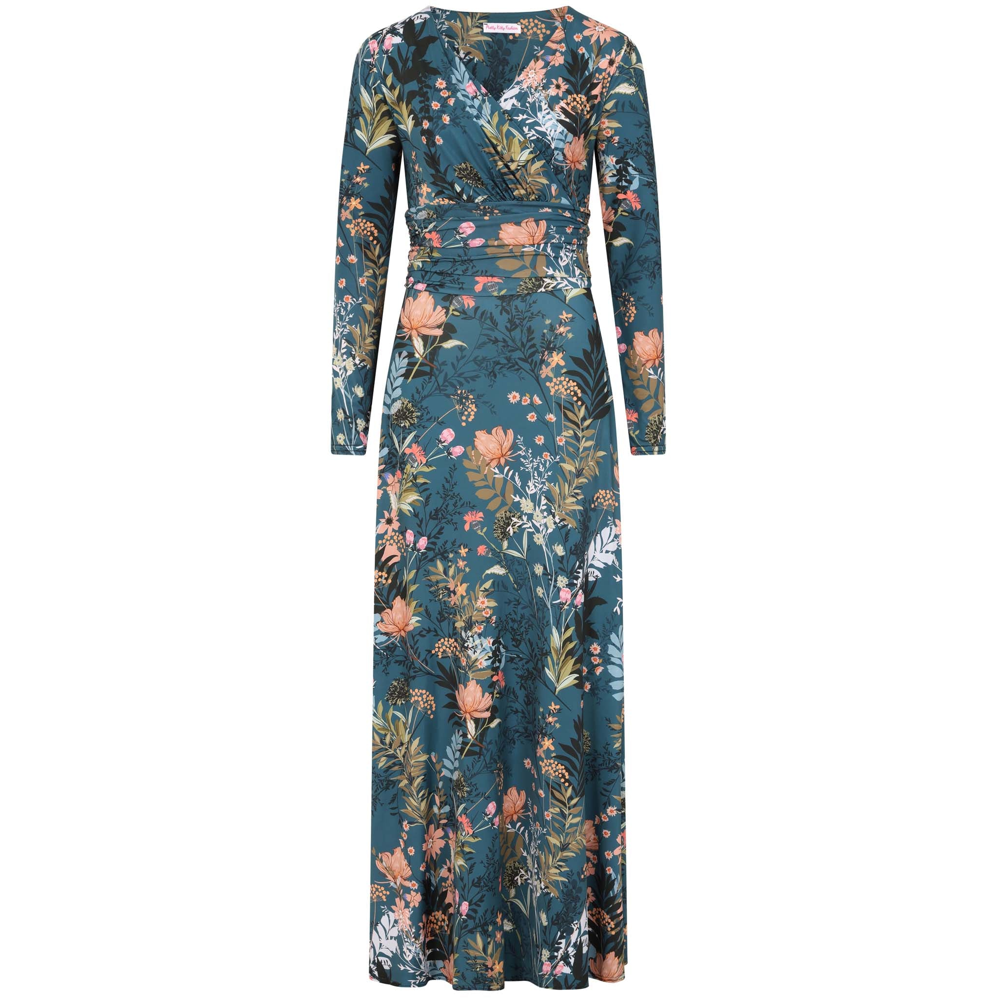 Teal Green Floral Long Sleeve Maxi Dress