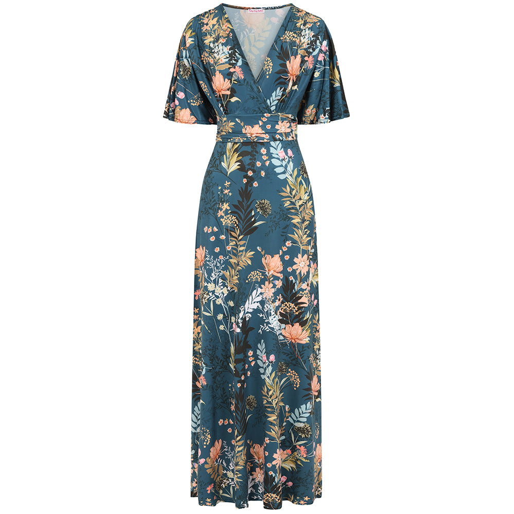 Teal Floral Print Waterfall Sleeve Maxi Dress - Pretty Kitty Fashion