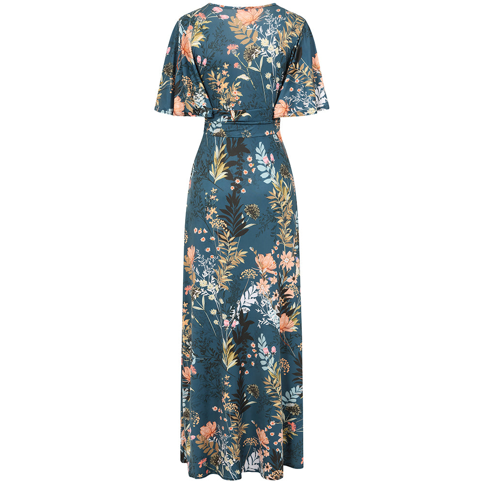 Teal Floral Print Waterfall Sleeve Maxi Dress