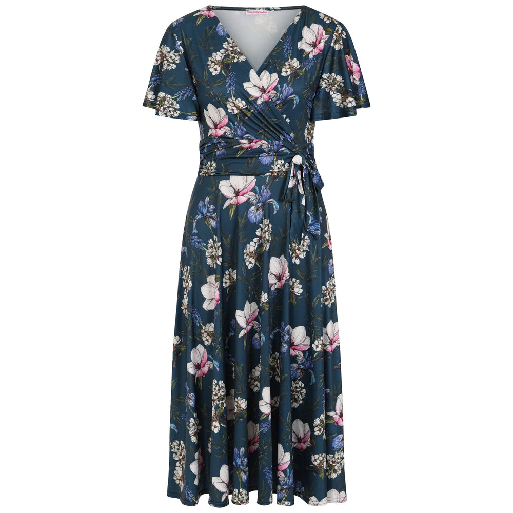 Navy Blue Floral Print Cap Sleeve V Neck Wrap Top Swing Dress