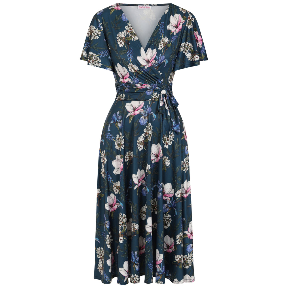 Navy Blue Floral Print Cap Sleeve V Neck Wrap Top Swing Dress