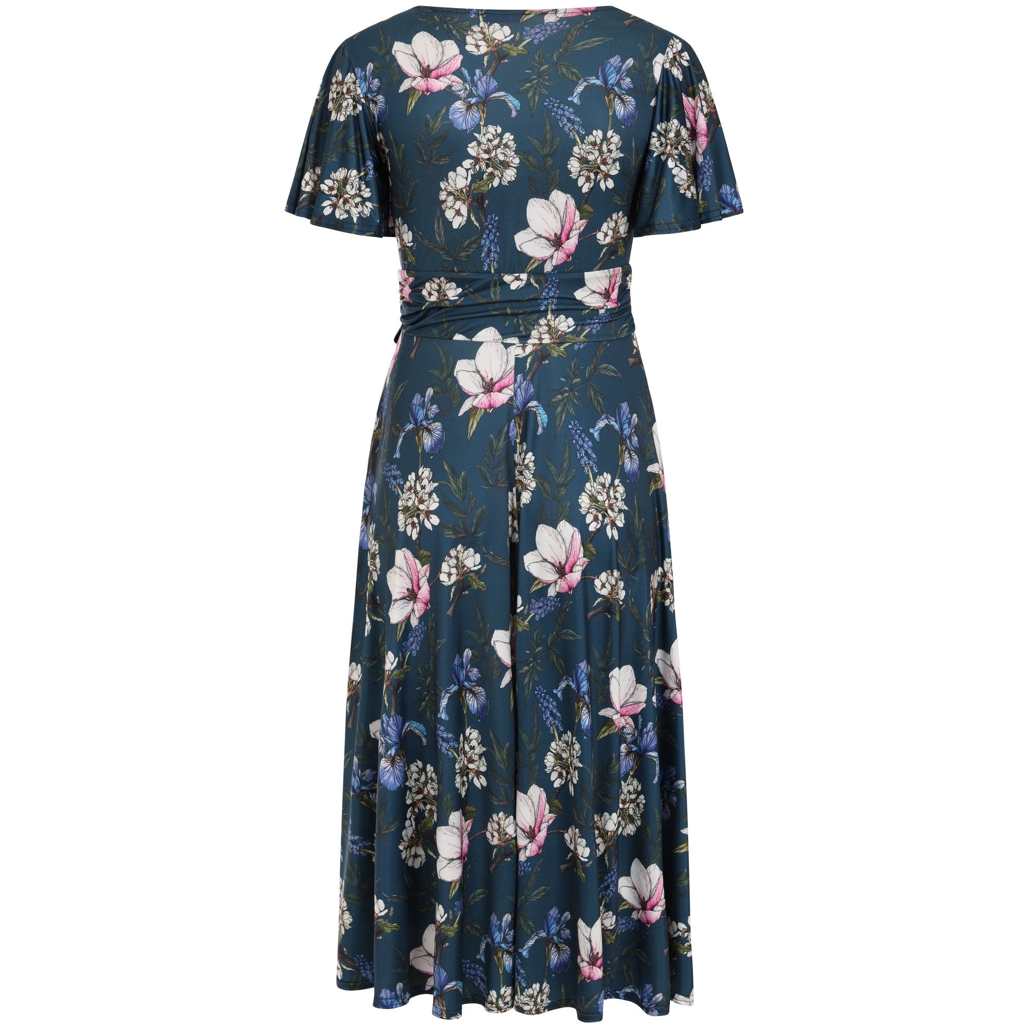 Navy Blue Floral Print Cap Sleeve V Neck Wrap Top Swing Dress