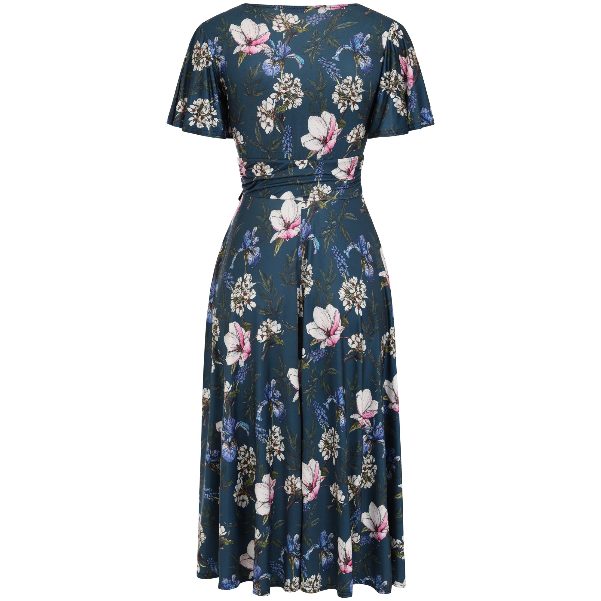 Navy Blue Floral Print Cap Sleeve V Neck Wrap Top Swing Dress