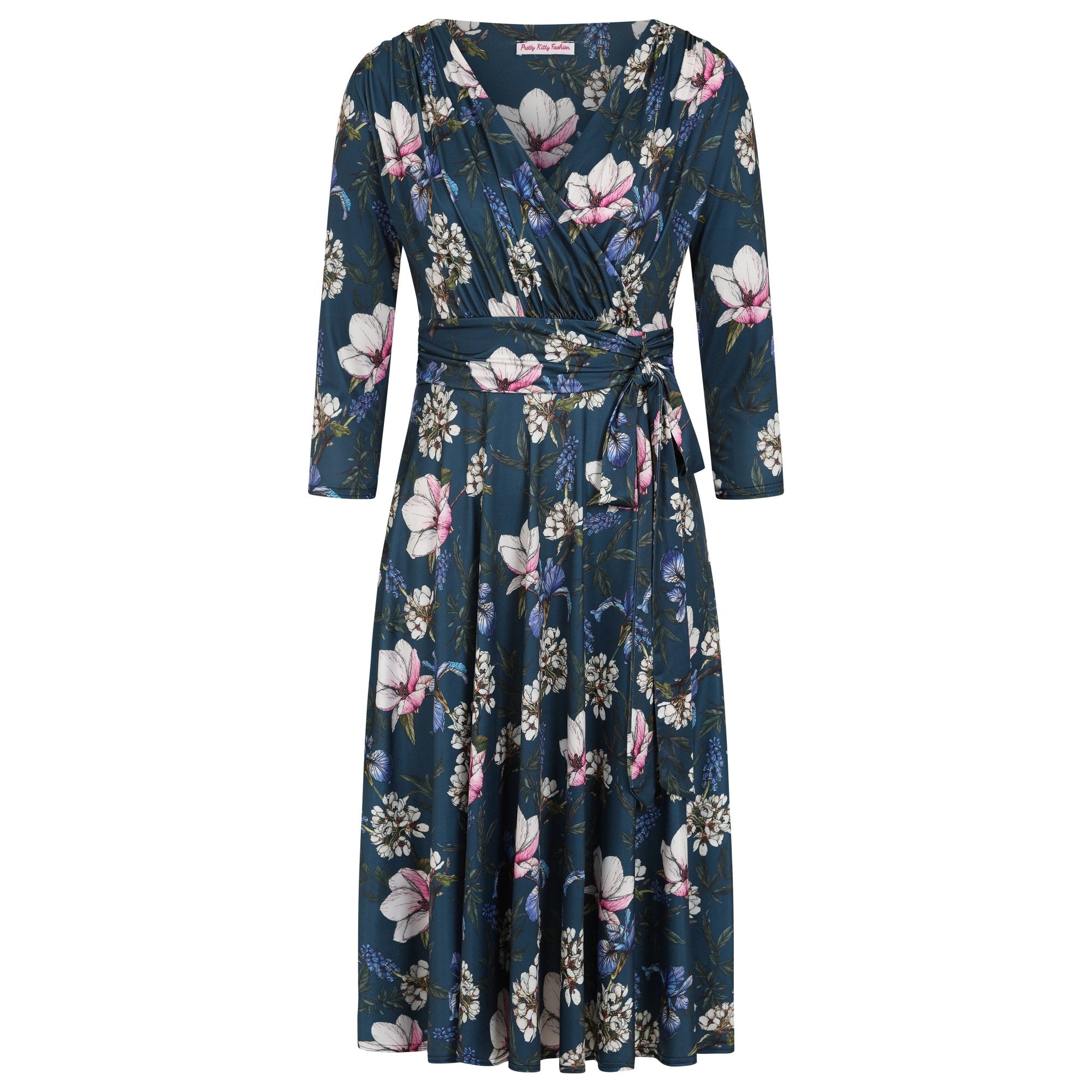 Mid Navy Blue Floral 3/4 Sleeve V Neck Crossover Top Empire Waist Tea Dress