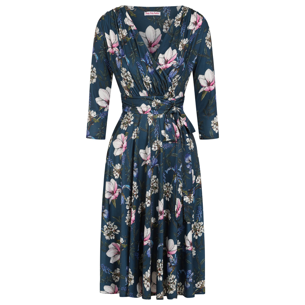 Mid Navy Blue Floral 3/4 Sleeve V Neck Crossover Top Empire Waist Tea Dress